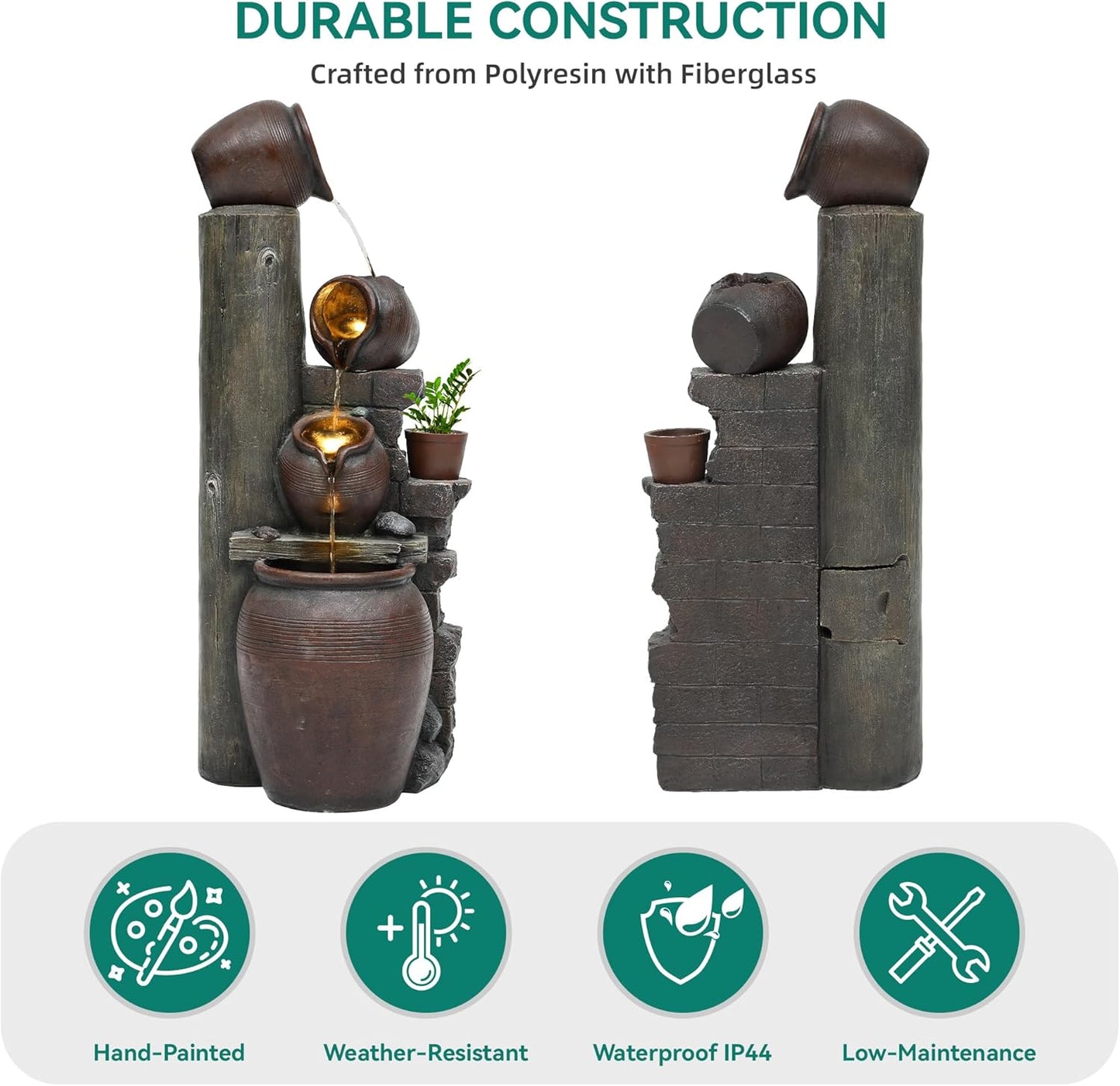 40" H Overszied Outdoor/Indoor Water Fountain with LED Lights and Pump, Cascading Pitchers Farmhouse Garden Fountain Waterfall for Patio, Porch, or Yard