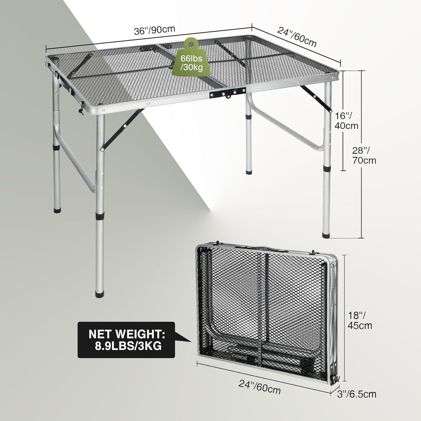 REDCAMP 36x24 Folding Grill Table for Outside, Lightweight Portable Metal Aluminum Outdoor Grill Table with Adjustable Height Legs, Great for Camping Picnic Cooking BBQ, Silver 3ft