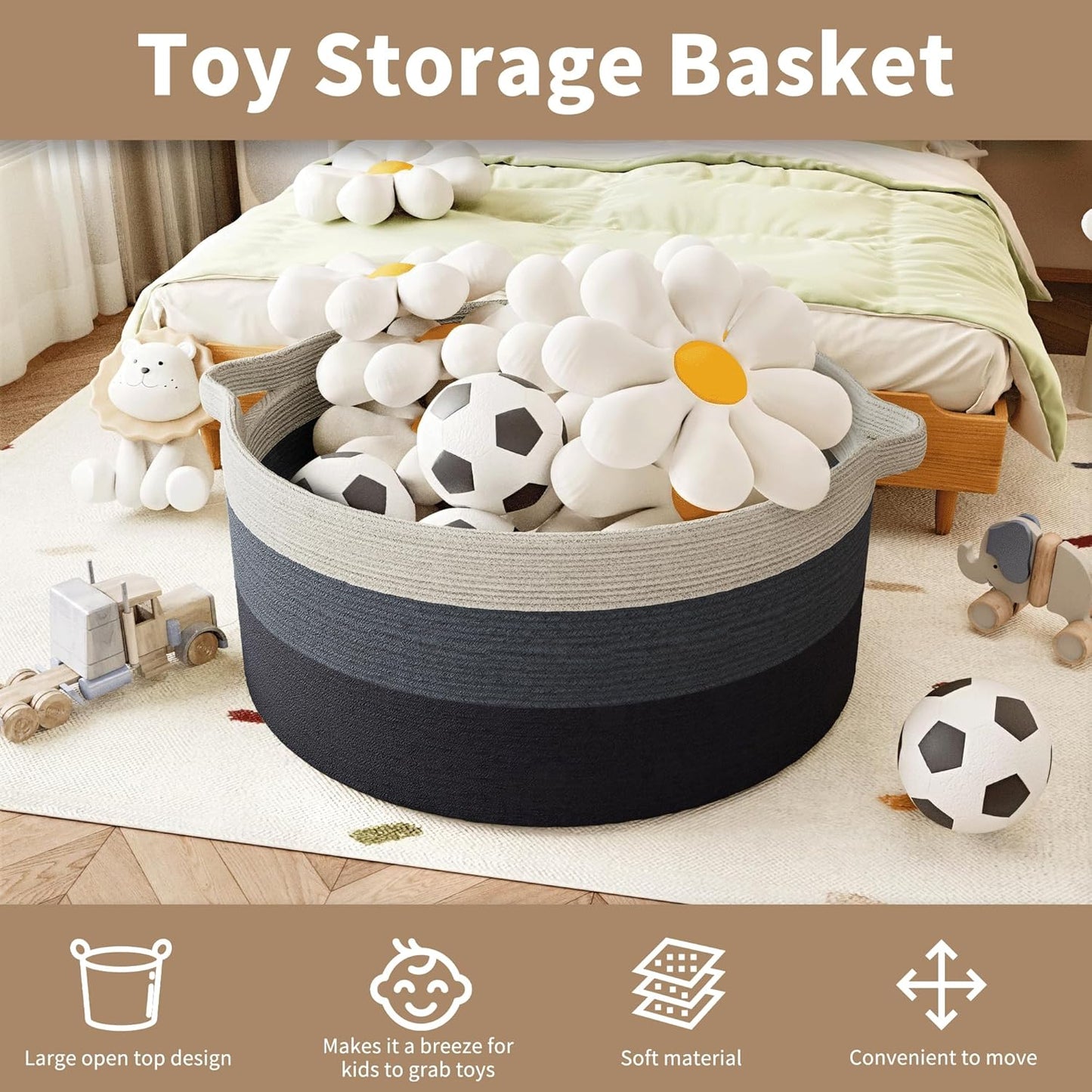 125L Extra Large Blanket Basket, 25" x 16", Jumbo Laundry Woven Baskets Decorative Home, Cotton Rope Basket with Handles, Baby Toy Baskets for Storage, Gradual Blue, 2PC