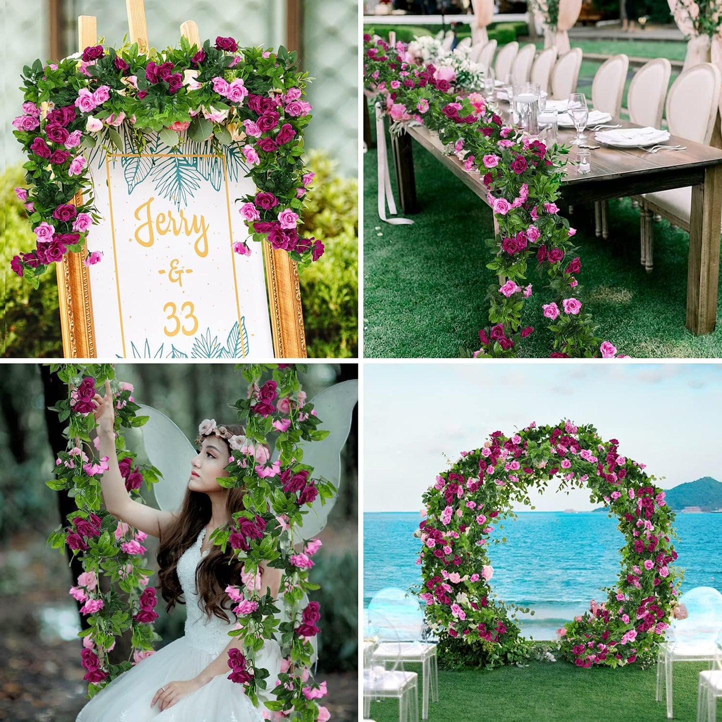 JUSTOYOU 2 Pack (15.8FT) Fake Rose Garland, Artificial Rose Vines Flowers Hanging Silk Rose Vine Wedding Home Backdrop Party Arch Arrangement Decoration