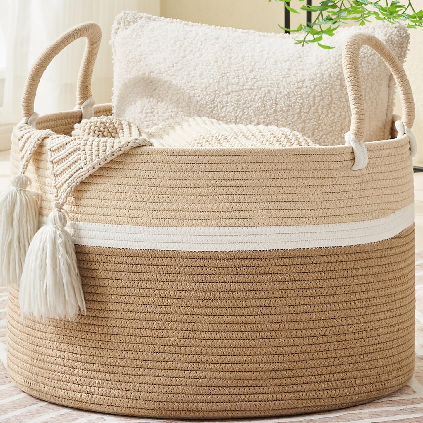 KAKAMAY Large Blanket Basket (20"x13"),Woven Baskets for storage Baby Laundry Hamper, Cotton Rope Blanket Basket for Living Room, Laundry, Nursery, Pillows, Baby Toy chest (White and Brown)