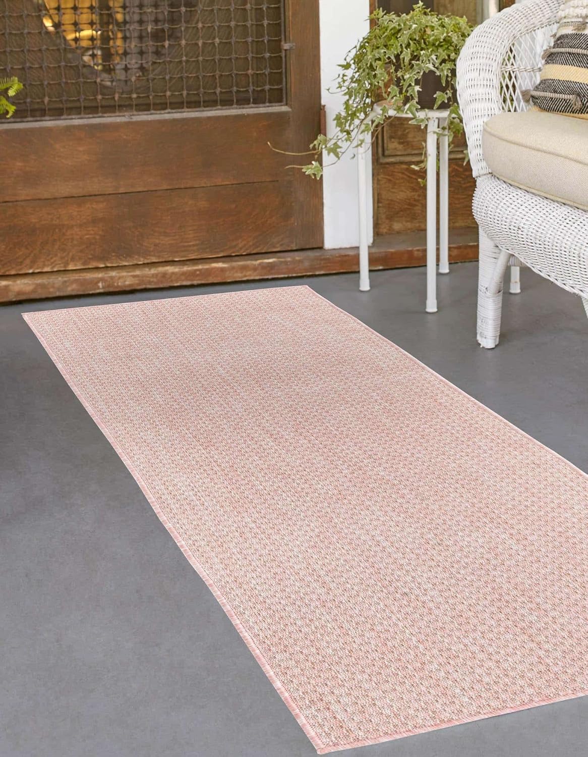 Unique Loom Collection Casual Transitional Solid Heathered Indoor/Outdoor Flatweave Area Rug (2' x 8' Runner, Whisper Pink/Ivory)
