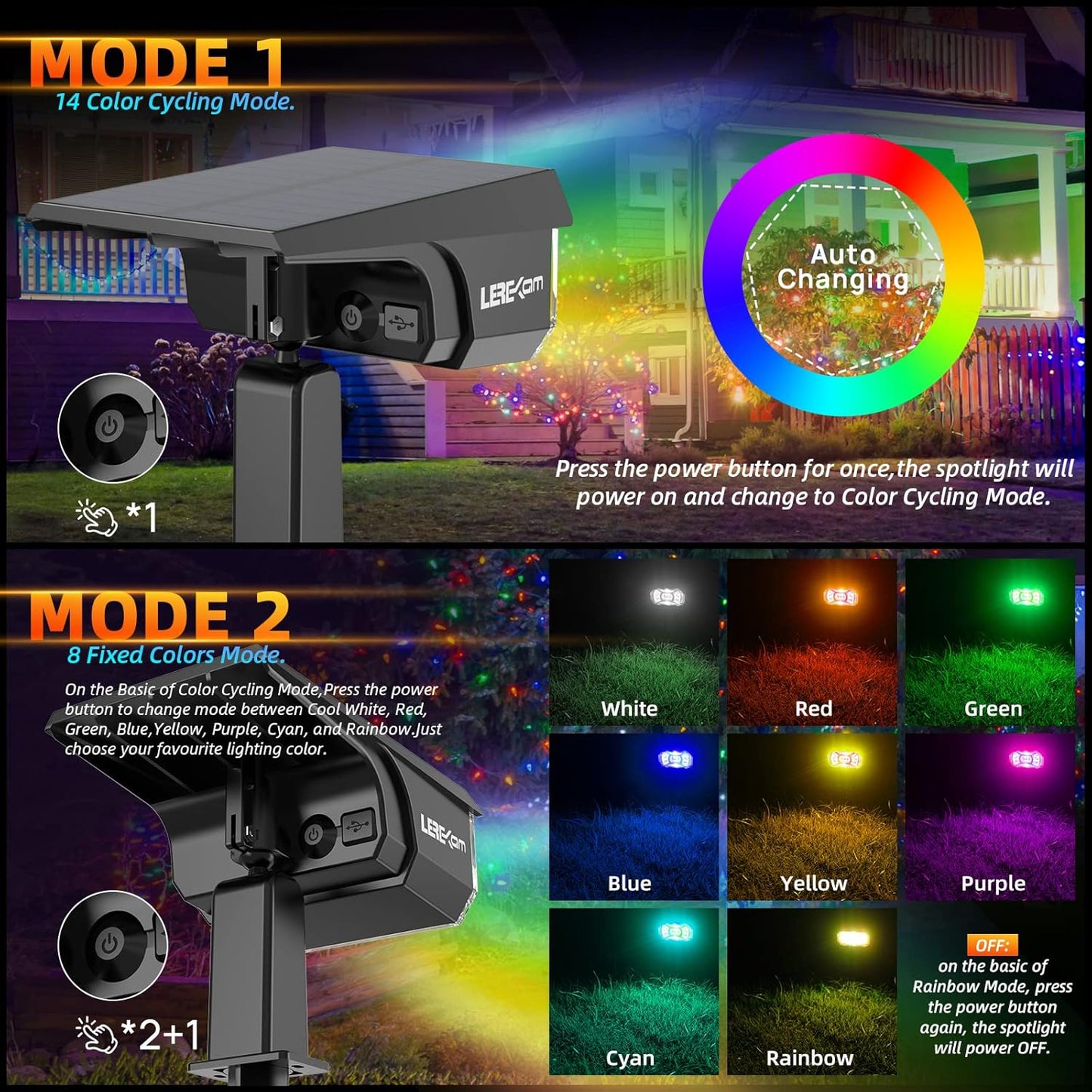 Solar Outdoor,40 LEDs Color Changing RGB Solar Landscape Path Lights,USB & Solar Powered Multicoloured Spotlights,14 Colors Auto Cycling Spotlights for Yard,Garden,2 Pack