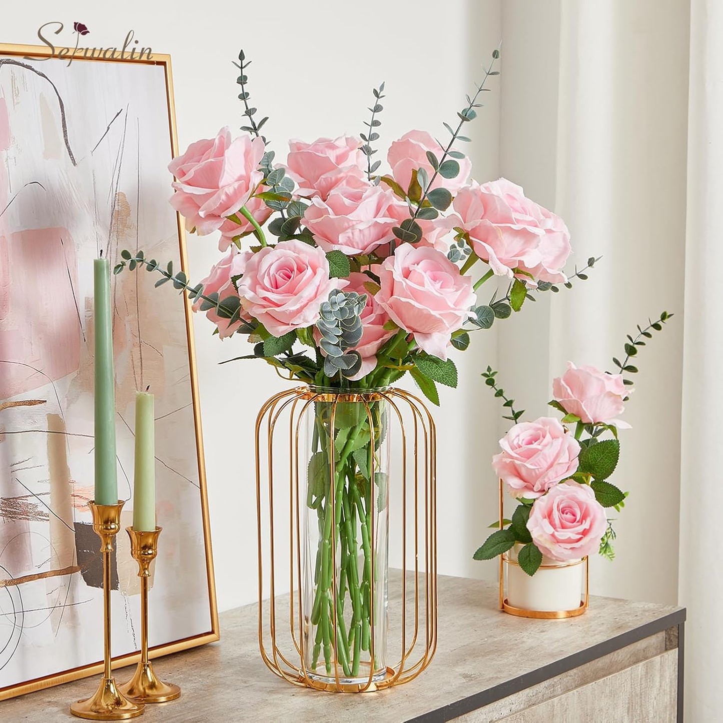 Serwalin 20pcs Bright Pink Artificial Roses, 4'' Big Flower Head, Velvet Roses Real Touch, Silk Fake Roses Long Stem Realistic Bouquet for Wedding Table Centerpiece and Home Decor