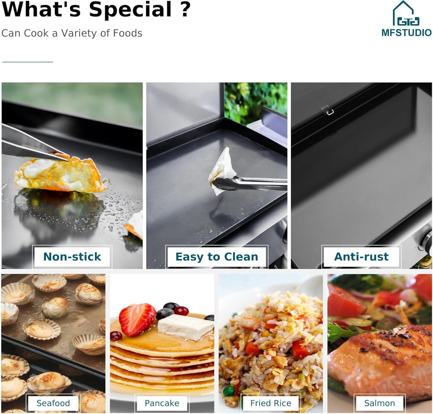 MFSTUDIO 27 Inch Flat Top Propane Gas Griddle Grill, Ceramic Coated Cast Iron Pan, Outdoor Flattop Grill with Lid for Cooking