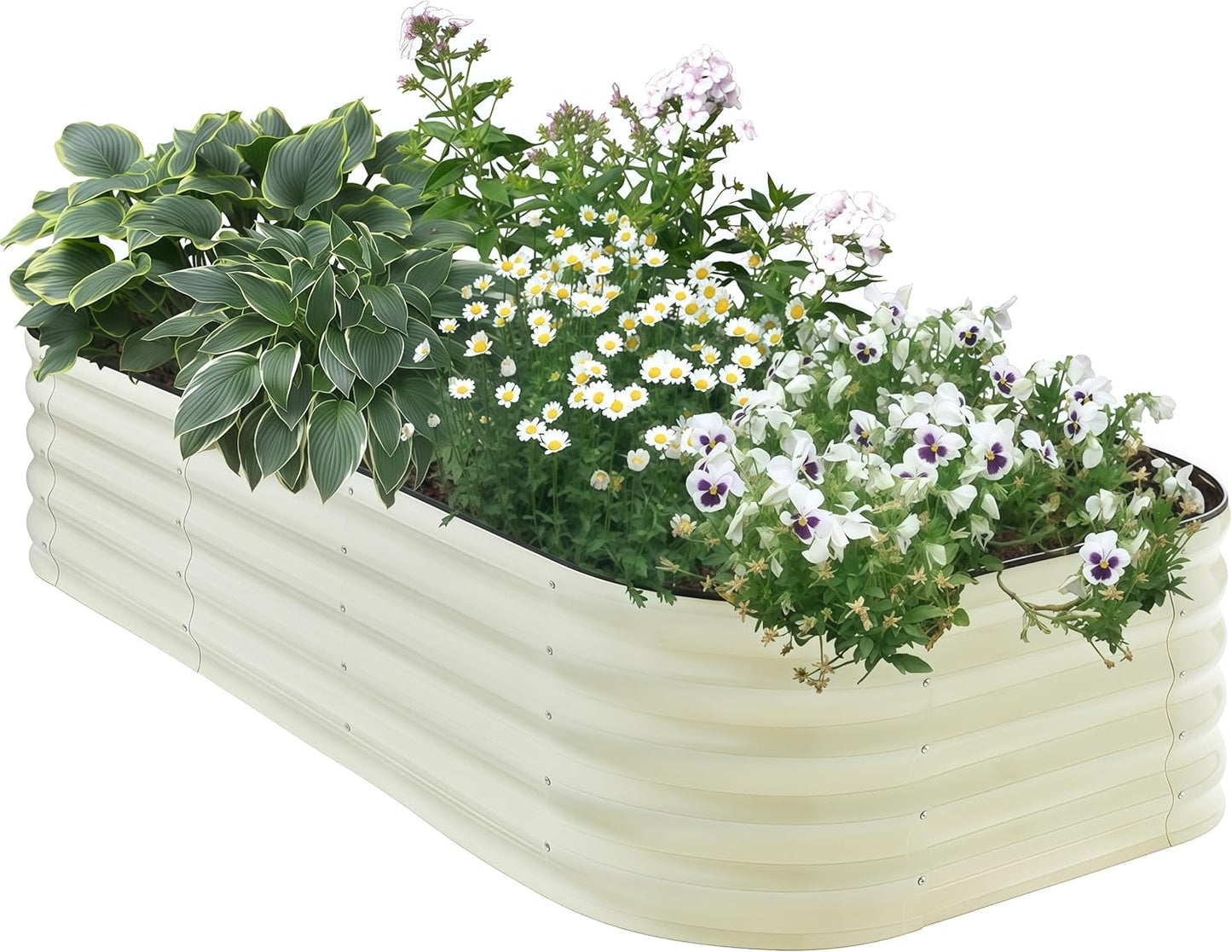 Galvanized Steel Raised Garden Bed 8x2ft Oval - 17" Tall 9-in-1 Modular Planter Box for Vegetables/Flowers, Rust-Proof Metal Outdoor Planters Rubber Edging (White)