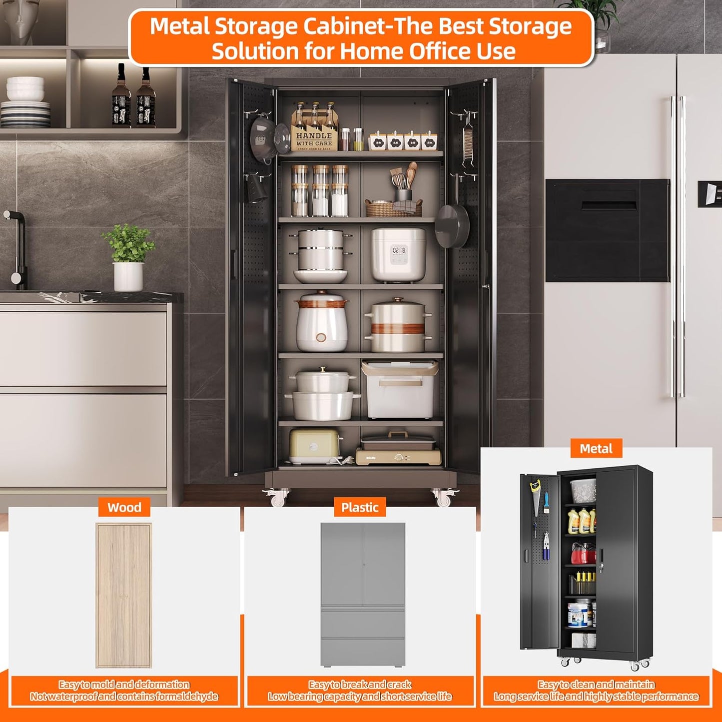 Aobabo 71" H×32" W×16" D Metal Storage Cabinet with Wheels, Garage Steel Storage Cabinet with 5 Adjustable Shelves and 4 Hooks for Home Office, Kitchen, Assembly Required, Black