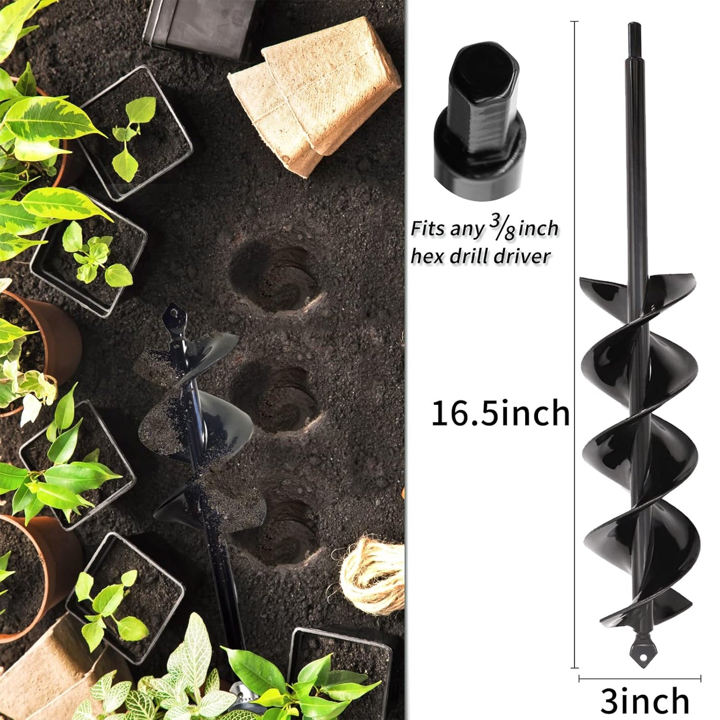 TCBWFY Garden Auger Drill Bit for Planting 3x16.5inch,Total Solid Barrel Extensive Blades,for Planting Flowers Bulbs,Rapid Planter Earth Post Umbrella Hole Digger for 3/8" Hex Drive Drill
