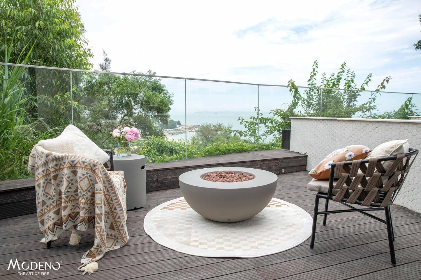 AMS Fireplace | Modeno Roca Package | Light Gray Natural Gas Fire Pit Table for Outdoor Patio Bundle with Wind Guard and SS Burner Lid | Free Rubber Mat & Ice Bucket