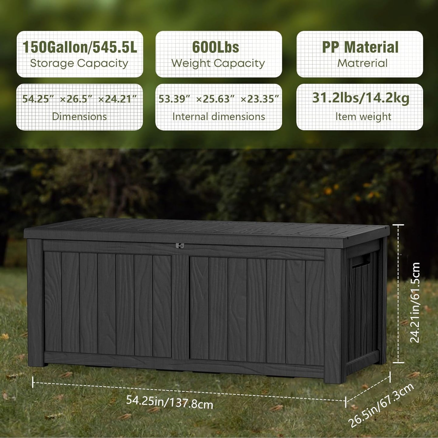 150GAL Black Large - Capacity Outdoor Deck Box with Lockable Compartment – Waterproof, SGS - Shielded UV Resistance, Ideal for Storing Large Patio Furniture Sets & Seasonal Decor