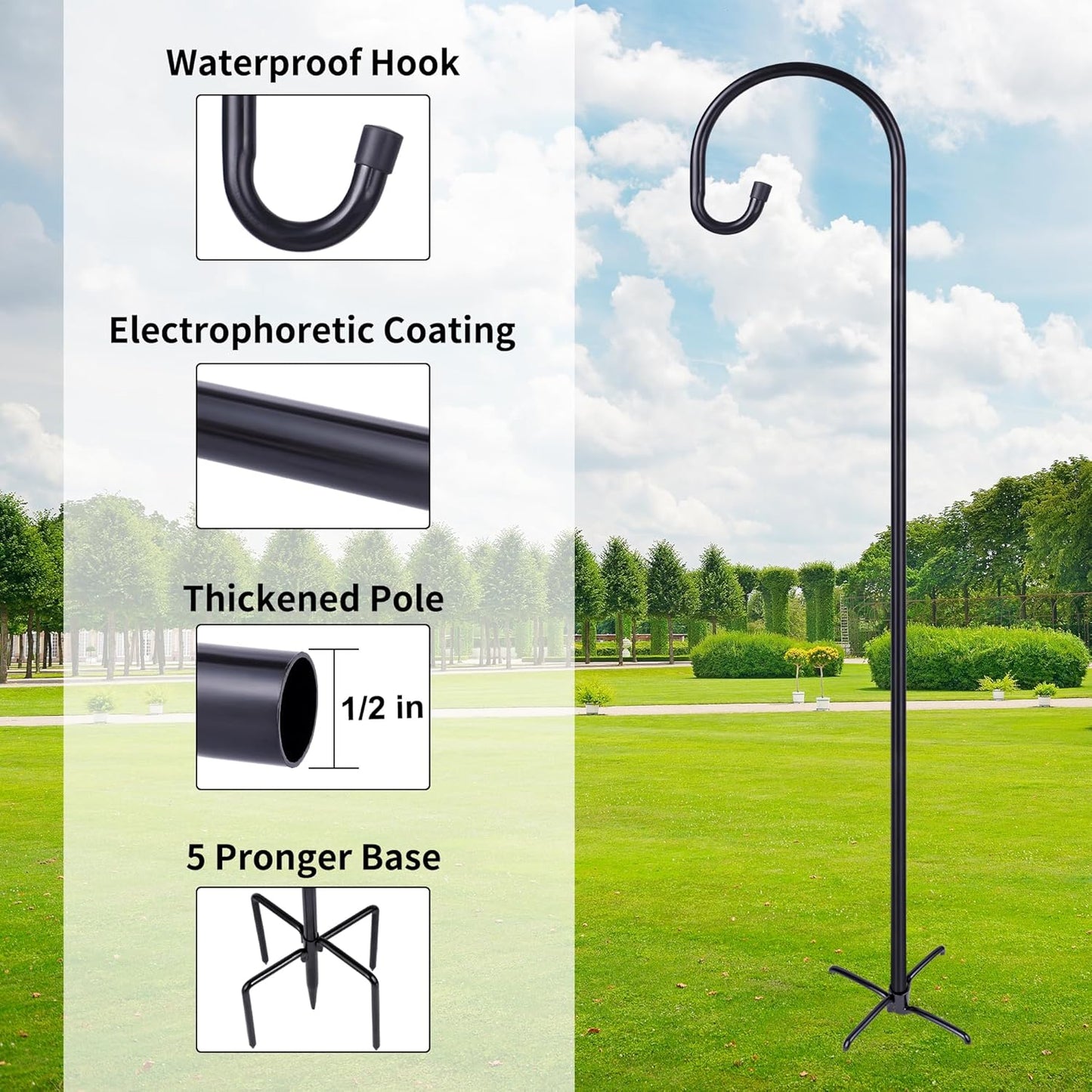 Ottsuls Bird Feeder Pole, 45 INCH Heavy Duty Shepherds Hooks for Outdoor with 5 Prong Base, Adjustable Stand Hanger for Garden Plant, Hummingbird Feeder, Lantern, Hanging Wedding Decor (2 Pack)