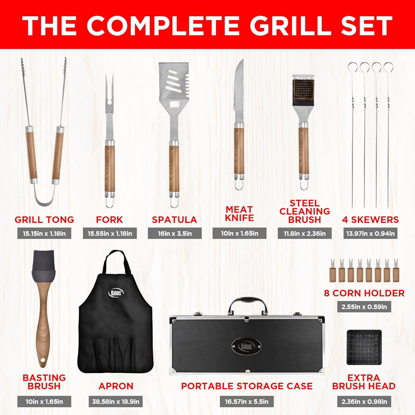 Kaluns Grilling Accessories, Dad Gifts for Christmas Grilling Gifts, Heavy Duty Stainless Steel BBQ Grill Tools Set for Outdoor Grill with Aluminum Case and Apron, Dad Birthday Gifts for Men Husband