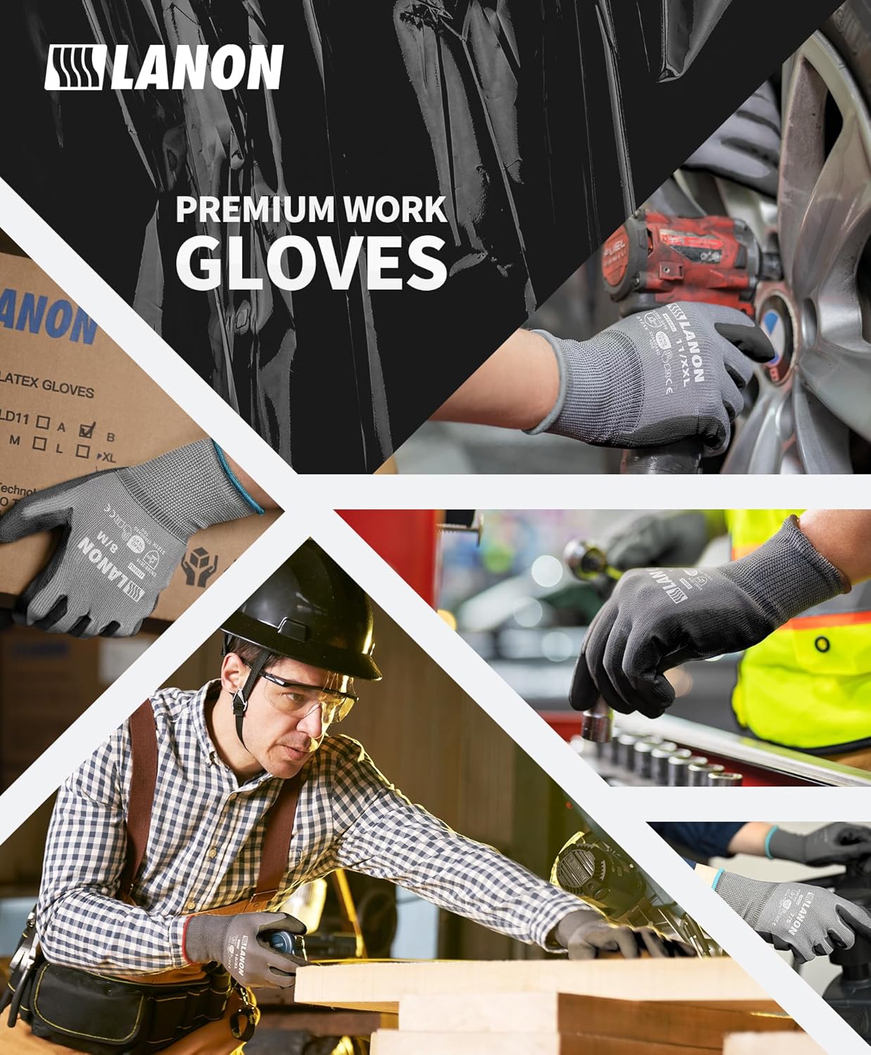 LANON 18 Pairs Safety Work Gloves, Mechanic Working Gloves for Men,Breathable PU Coated, Seamless Knit,Double Wash, Grey, Medium