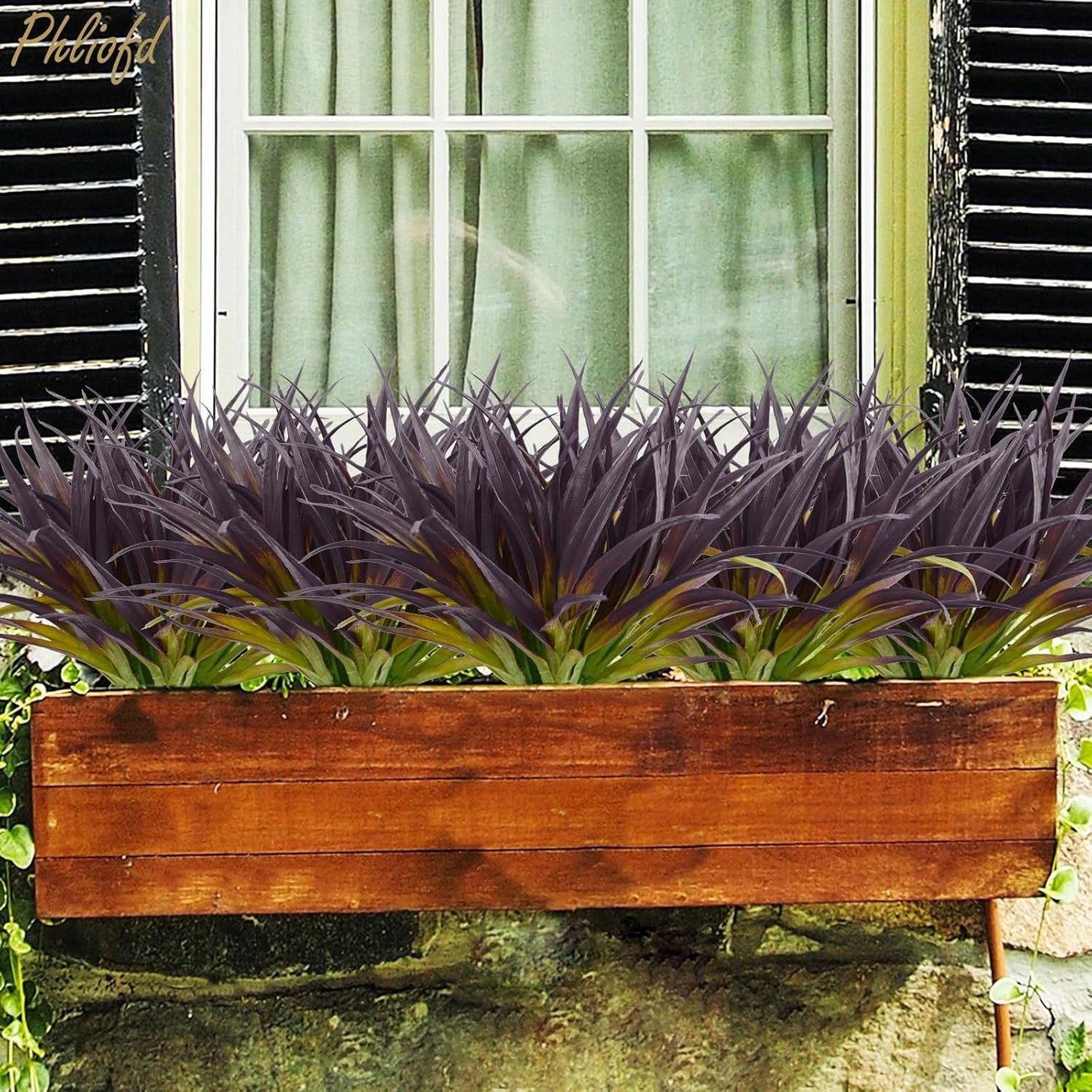 32 Pcs Artificial Grass Fake Grass Plants 17.3in Outdoor Plants UV Resistant Faux Greenery Stems for Home Window Garden Office Patio Pathway Front Porch Halloween Décor Light Green & Purple