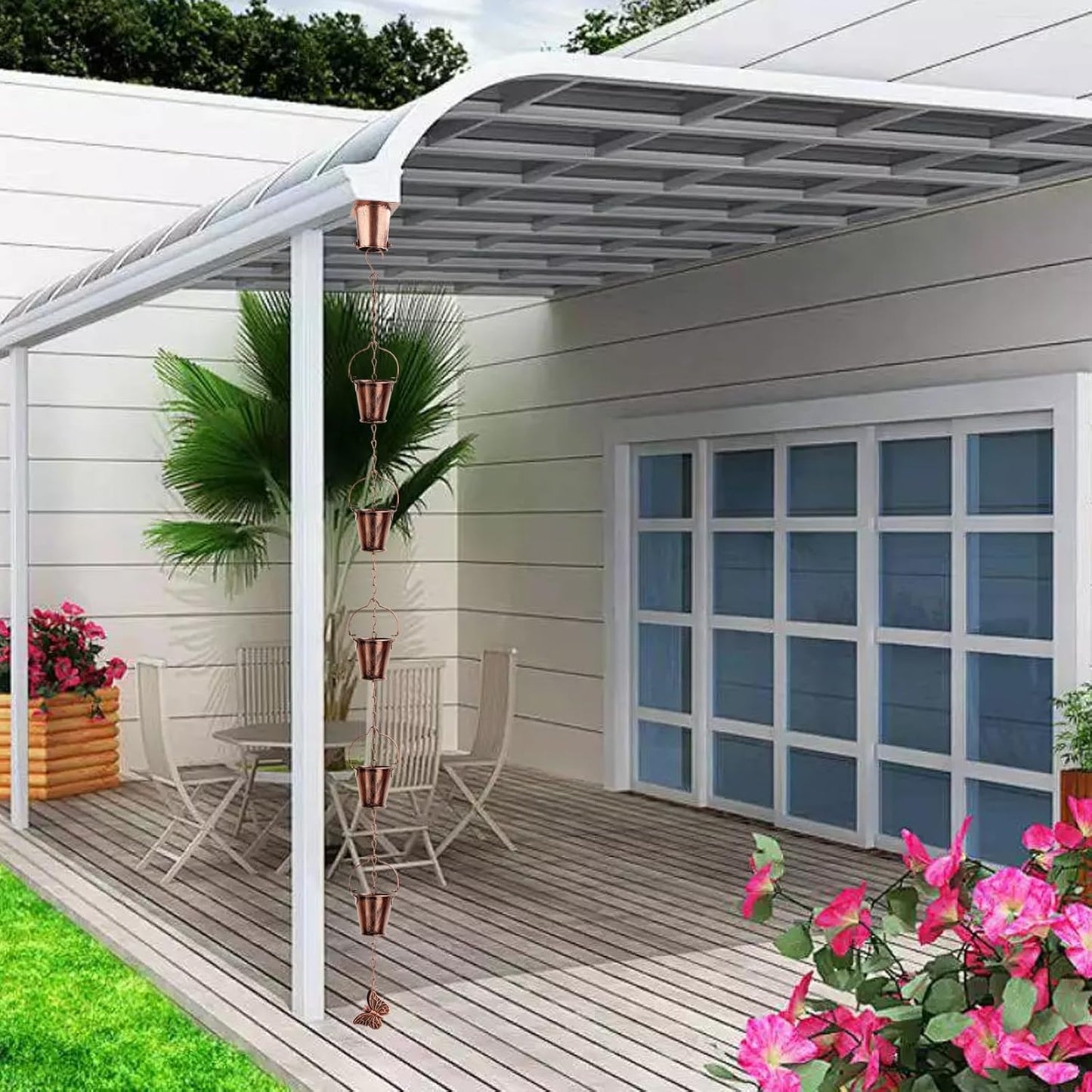 Rain Chain for Outside with Adapter,Wrought Iron Rain Chains 9 FT Set,Rain Chains Gutter with Brown Rain Chain 16 Cup and Decorative Hangers