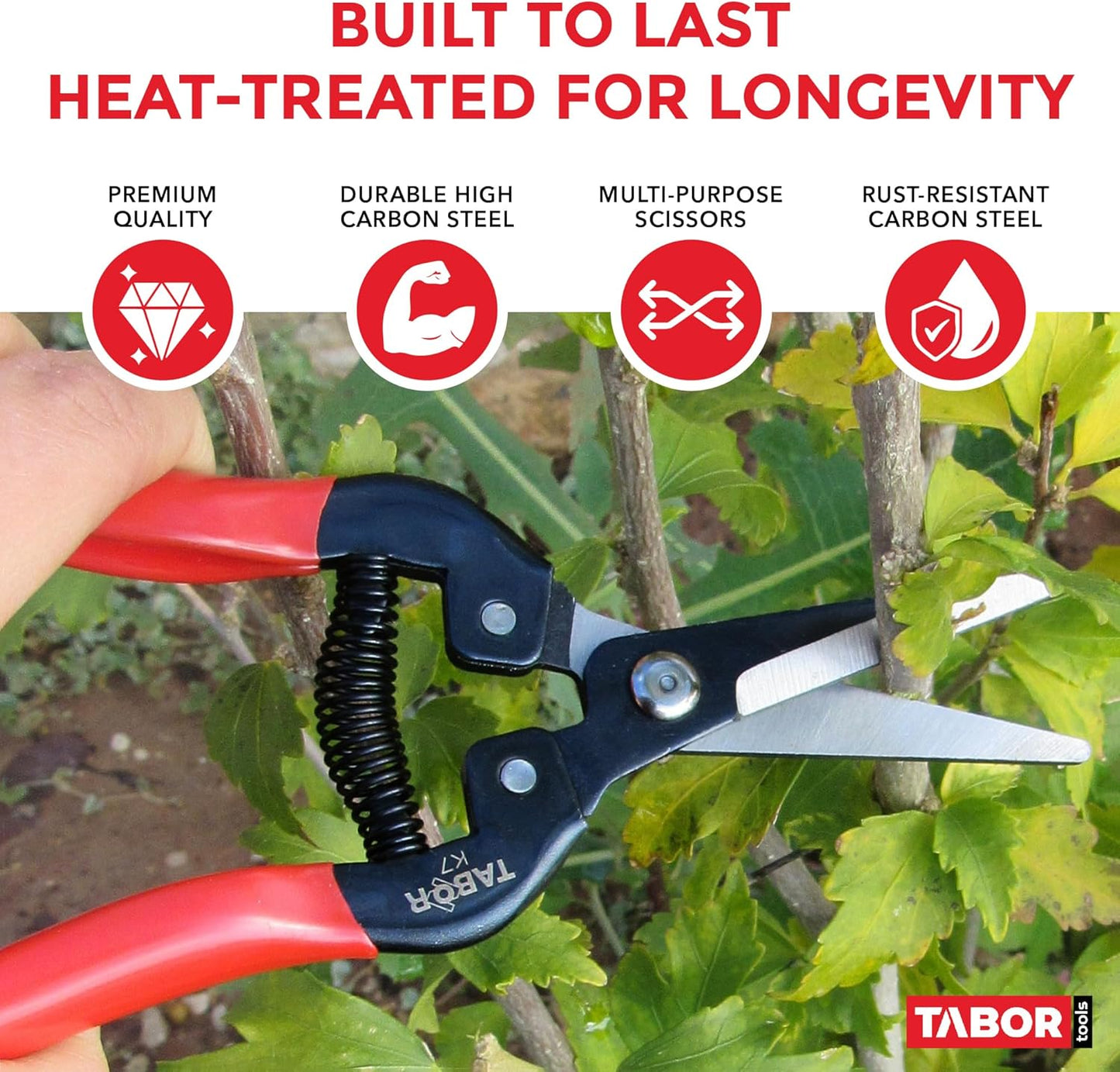 TABOR TOOLS K7A Straight Pruning Shears with Carbon Steel Blades, Florist Scissors, Multi-Tasking Garden Snips for Arranging Flowers, Trimming Plants and Harvesting Herbs, Fruits or Vegetables.