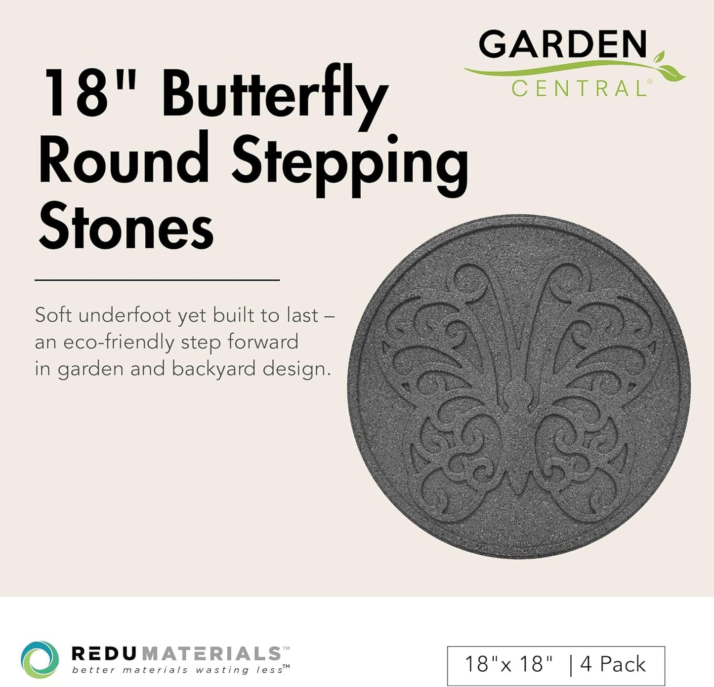 Garden Central 4-Pack 18”x18” Fake Butterfly Rubber Stepping Stones, Round, Grey – Reversible Non-Slip Outdoor Faux Decorative Set for Landscaping – DIY Decor for Walkways & Yard Pathways