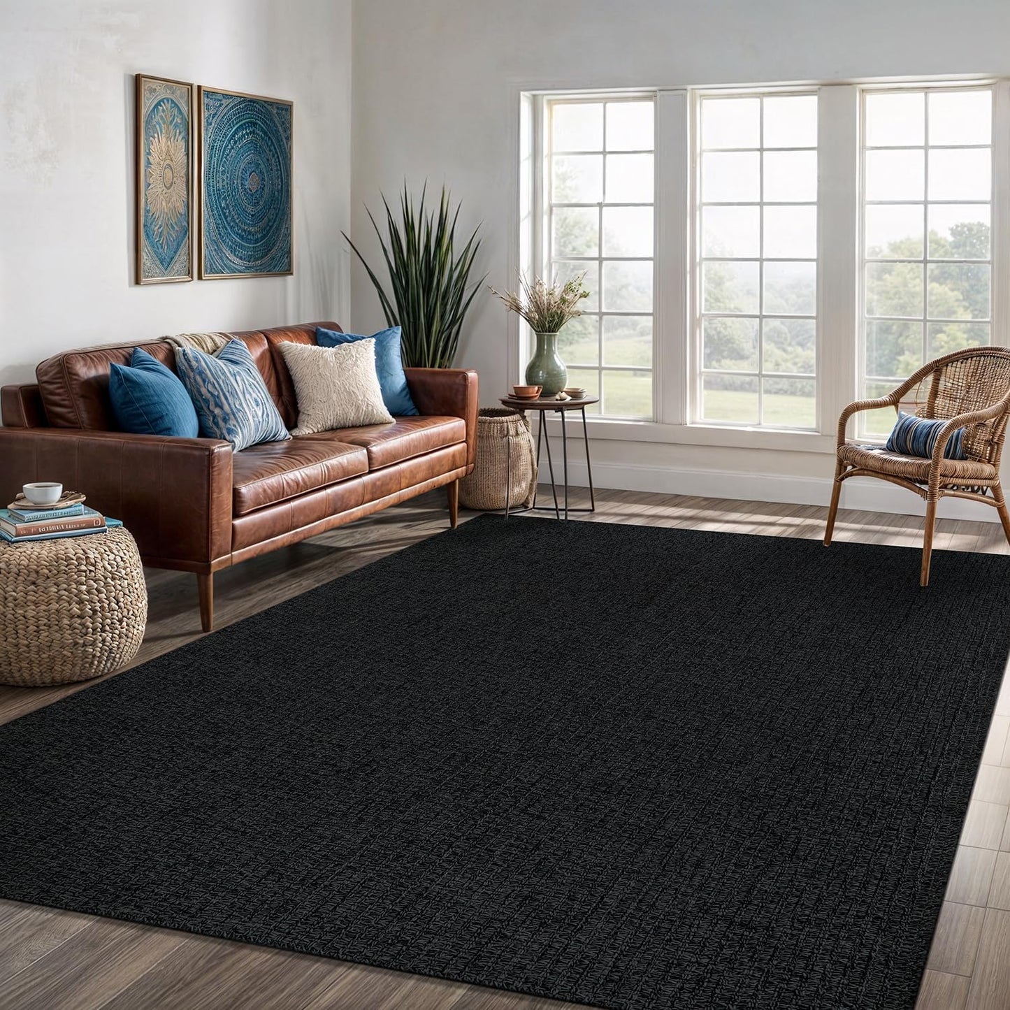 Easy Jute Rug 6x9 Indoor Outdoor Natural Rugs Solid Fiber Rug Woven Area Rug Boho Easy Clean Inside Carpet for Living Room Bedroom Dining Room Hallway or Outdoor Patio Porch (6 X 9 Dark Grey)