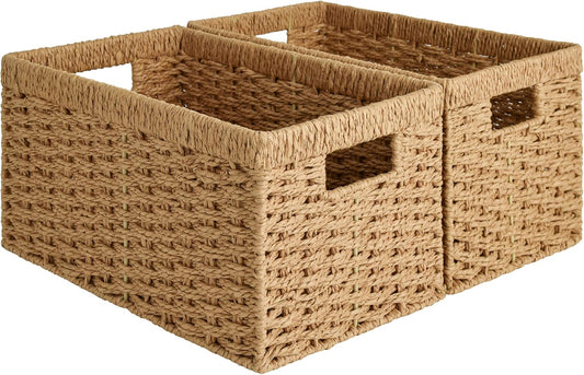 StorageWorks Round Paper Rope Storage Baskets, Rectangular Wicker Baskets with Built-in Handles, Medium, 13 ¼ x 8 ½ x 7 ¼ inches, 2-Pack