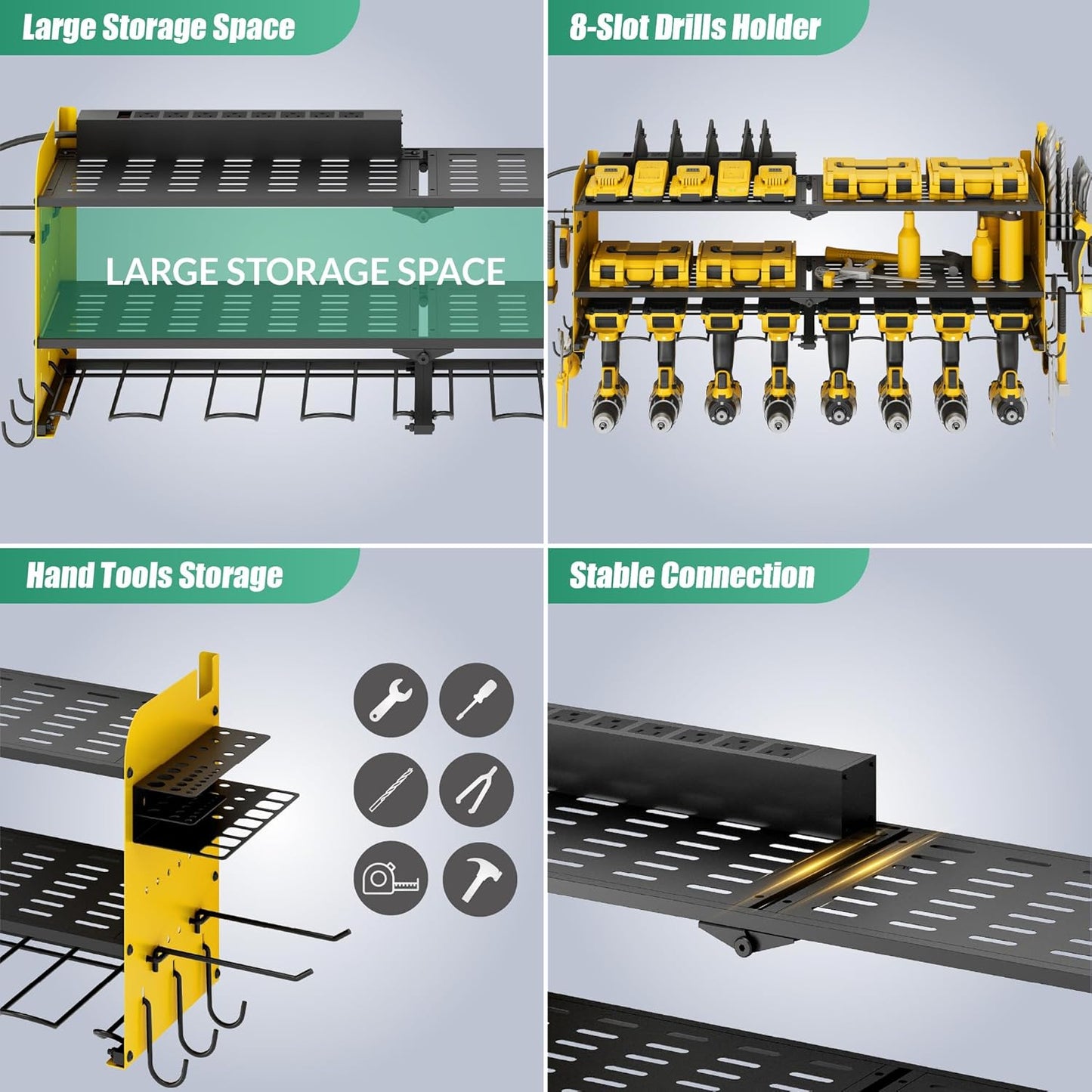 Suchtale Power Tool Organizer with Charging Station,33.2" Garage 8 Drill Holders Wall Mount,3 Layers Heavy Duty Metal Tool Shelf with 8 Outlets Power Strip, Gift for Men, Father, Yellow