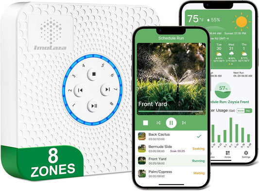 ImoLaza Smart Sprinkler Controller Evapotranspiration Master: 8 Zones WiFi Irrigation Controller with Automated Watering and App Control, Save Water Through Rain, Freeze, Wind and Saturation Skip