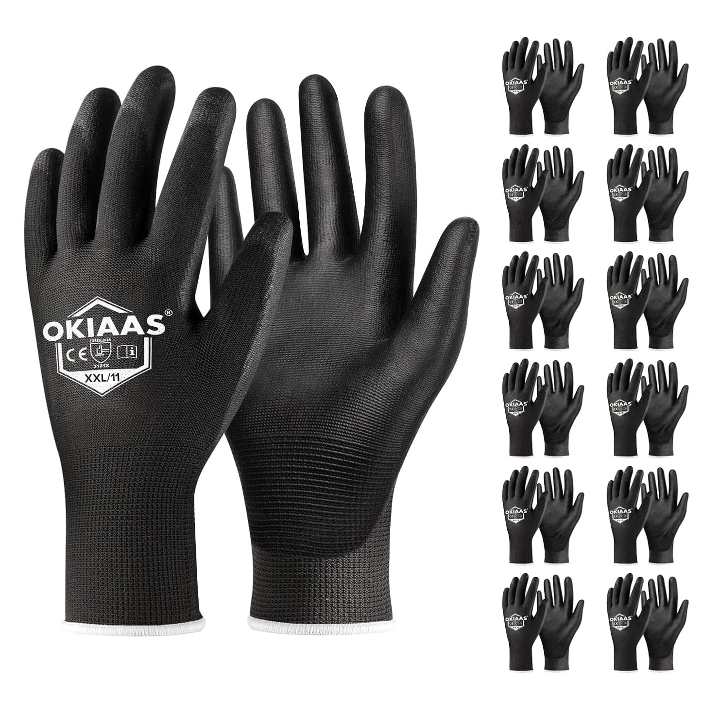 OKIAAS Work Gloves for Men，Ultra Thin and Lightweight Working Gloves with Grip, 12 Pairs Bulk Pack Construction Gloves with Polyurethane Coating for Light Duty Work (Black, XX-Large)