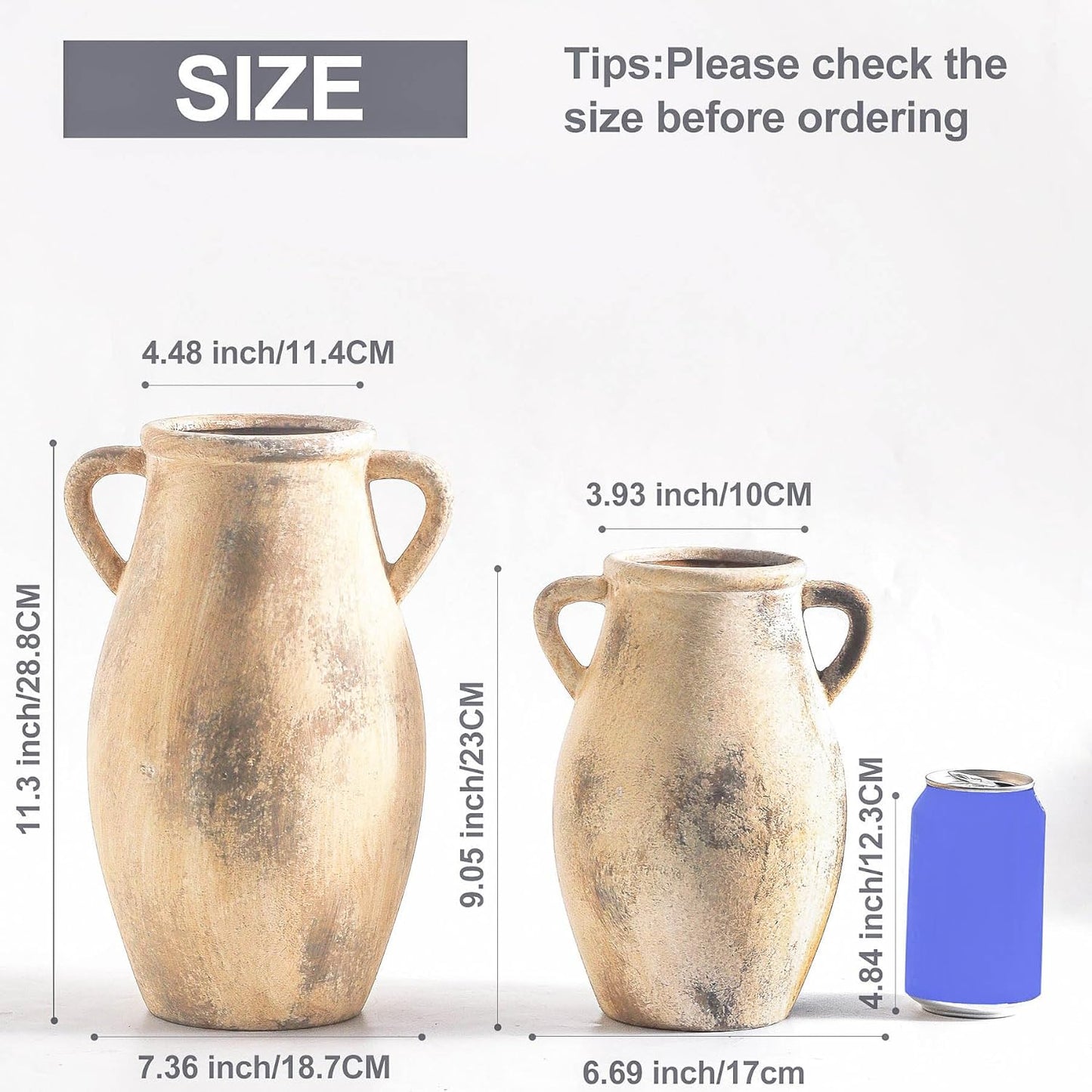 Large Ceramic Vase,11.3 inch Tall Farmhouse Flower Vase with 2 Handles,Terracotta Decorative Flower Vase for Home Decor, Living Room Entryway Table Centerpiece Decor