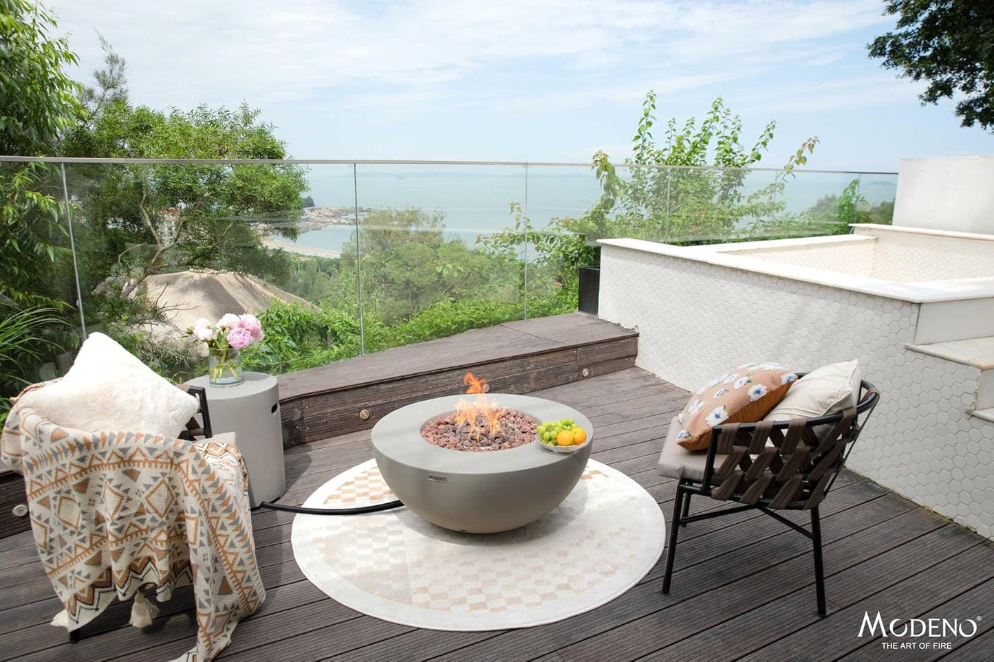 AMS Fireplace | Modeno Roca Package | Light Gray Liquid Propane Gas Fire Pit Table for Outdoor Patio Bundle with Tank Cover, Wind Guard, and SS Burner Lid | Free Rubber Mat & Ice Bucket