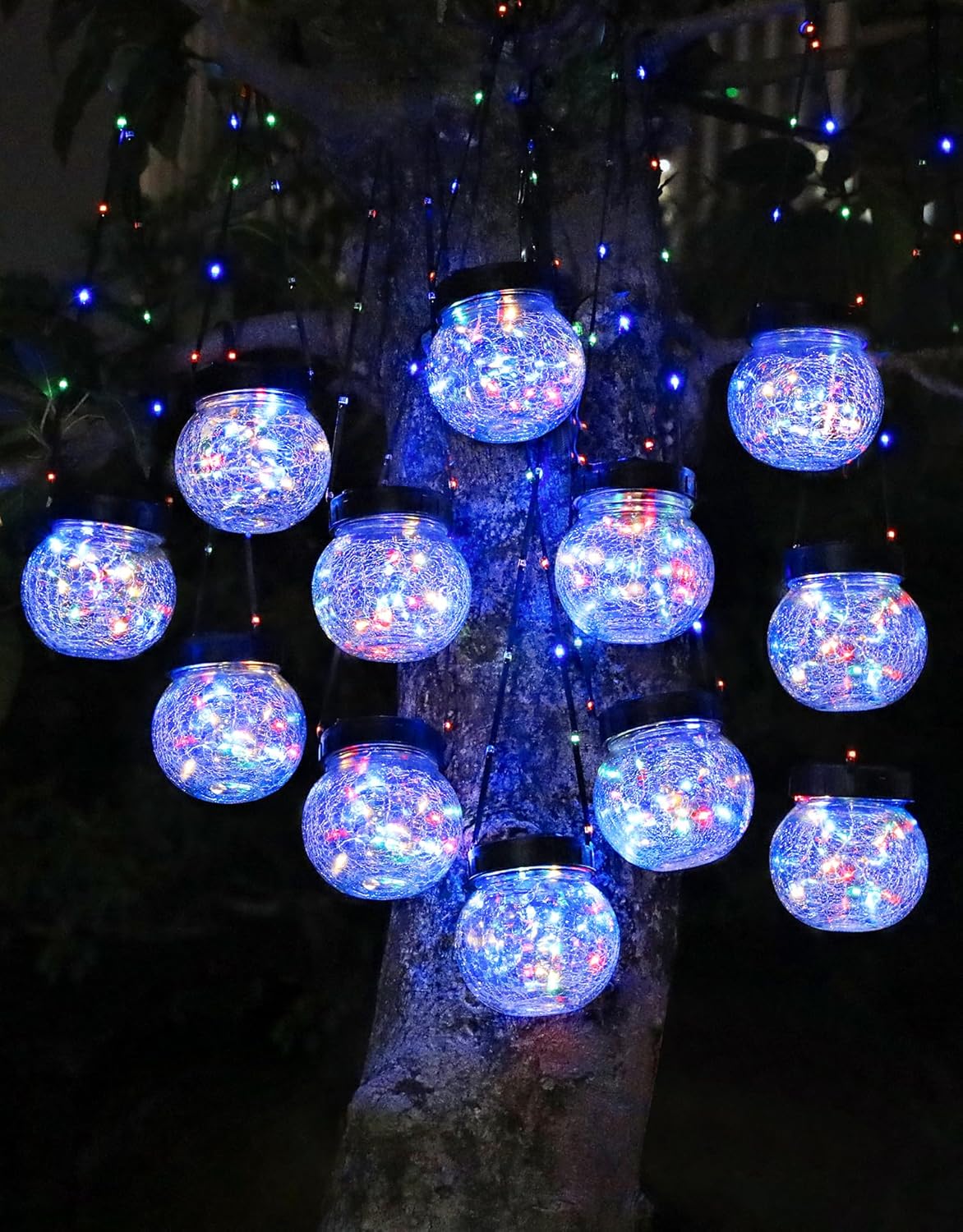 PARTPHONER Solar Lights Outdoor Waterproof 12-Pack, Solar Powered Hanging Lantern Cracked Glass Hanging Globes for Yard Decor Christmas Decoration, Shepherd Hook, Garden Tree Ornaments, RGB