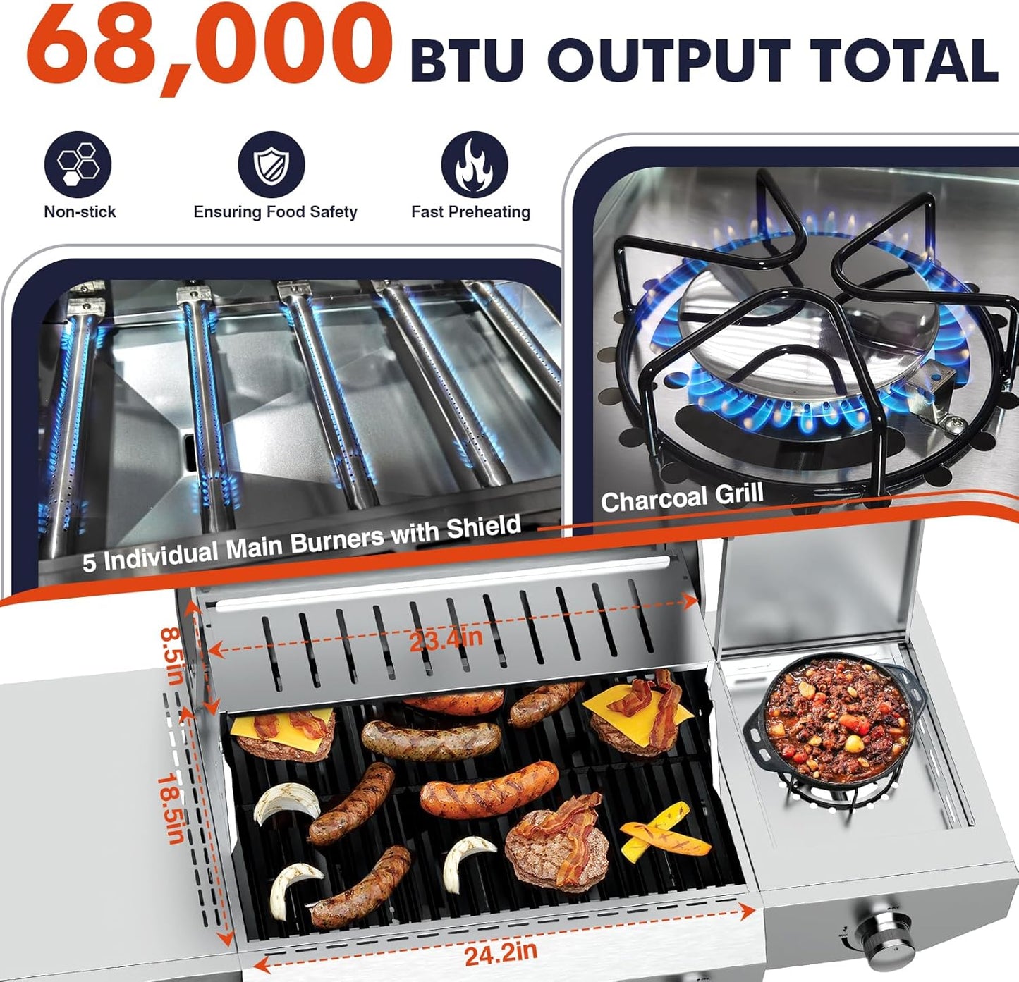 Llamaviva 5 Burner Propane Gas Grill with Side Burner,Stainless Steel BBQ Grill with Porcelain-Enameled Cast Iron Grates, 68000 BTU Cabinet-Style Cart Design for Outdoor Patio Barbecue- food clip