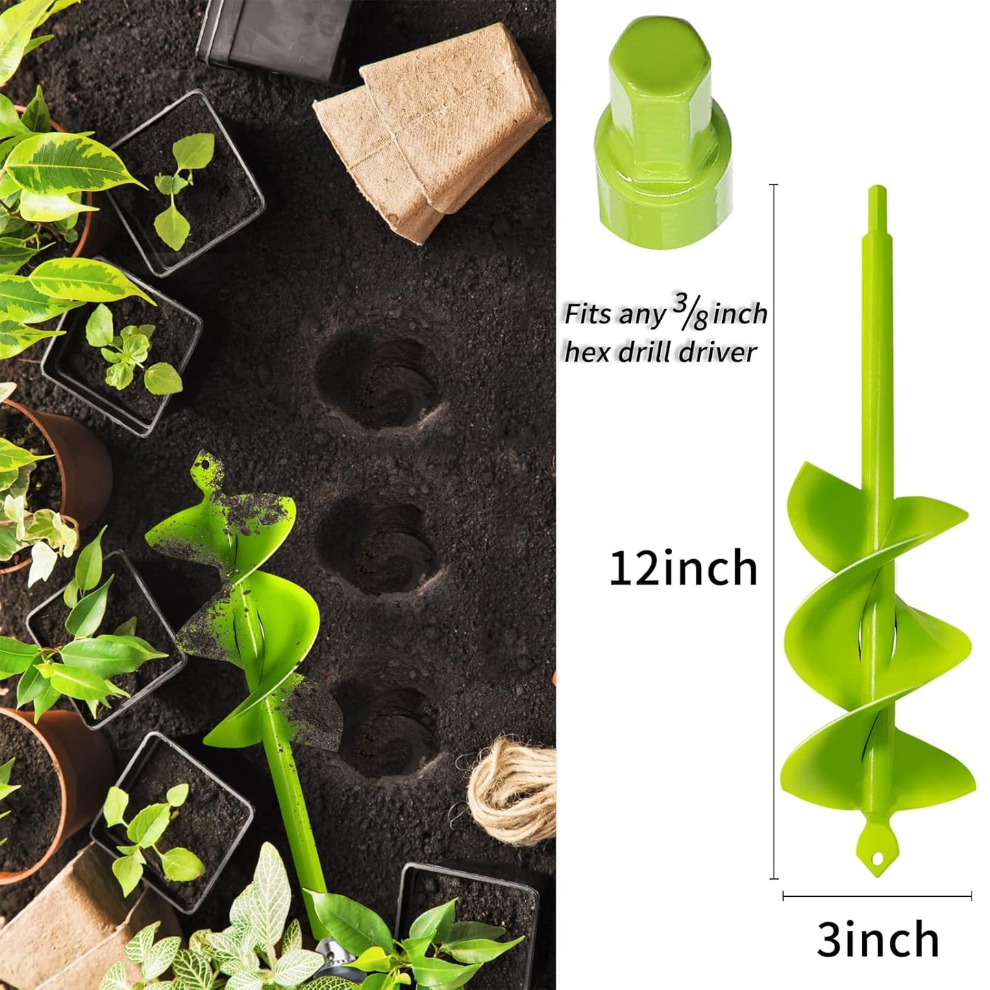 TCBWFY Garden Planting Auger 3x12Inch,Heavy Duty Extensive Spirals,Rapid Speed Transfer Soils to Edge,Solid Shaft with Thickened Spirals