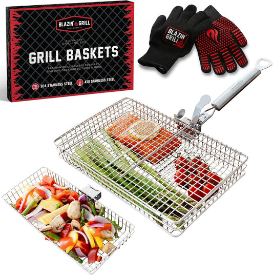 BLAZIN' GRILL Baskets for Outdoor Grill | 2 Grilling Baskets with Detachable Handle | Barbecue Grill Set with BBQ Gloves | Portable Camping Net Rack Perfect for Vegetables, Seafood & Meat