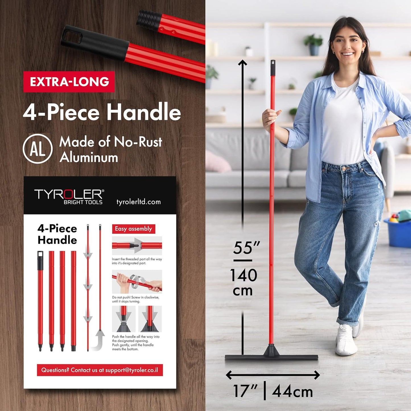 Tyroler Rubber Floor Squeegee 17" Floor Squeegee Heavy Duty, Deck Squeegee Outdoor for Floors with 55" 4 Part Handle, Perfect Outdoor Squeegee for Patio, Tiles, Marble, Garage, Shower, Window