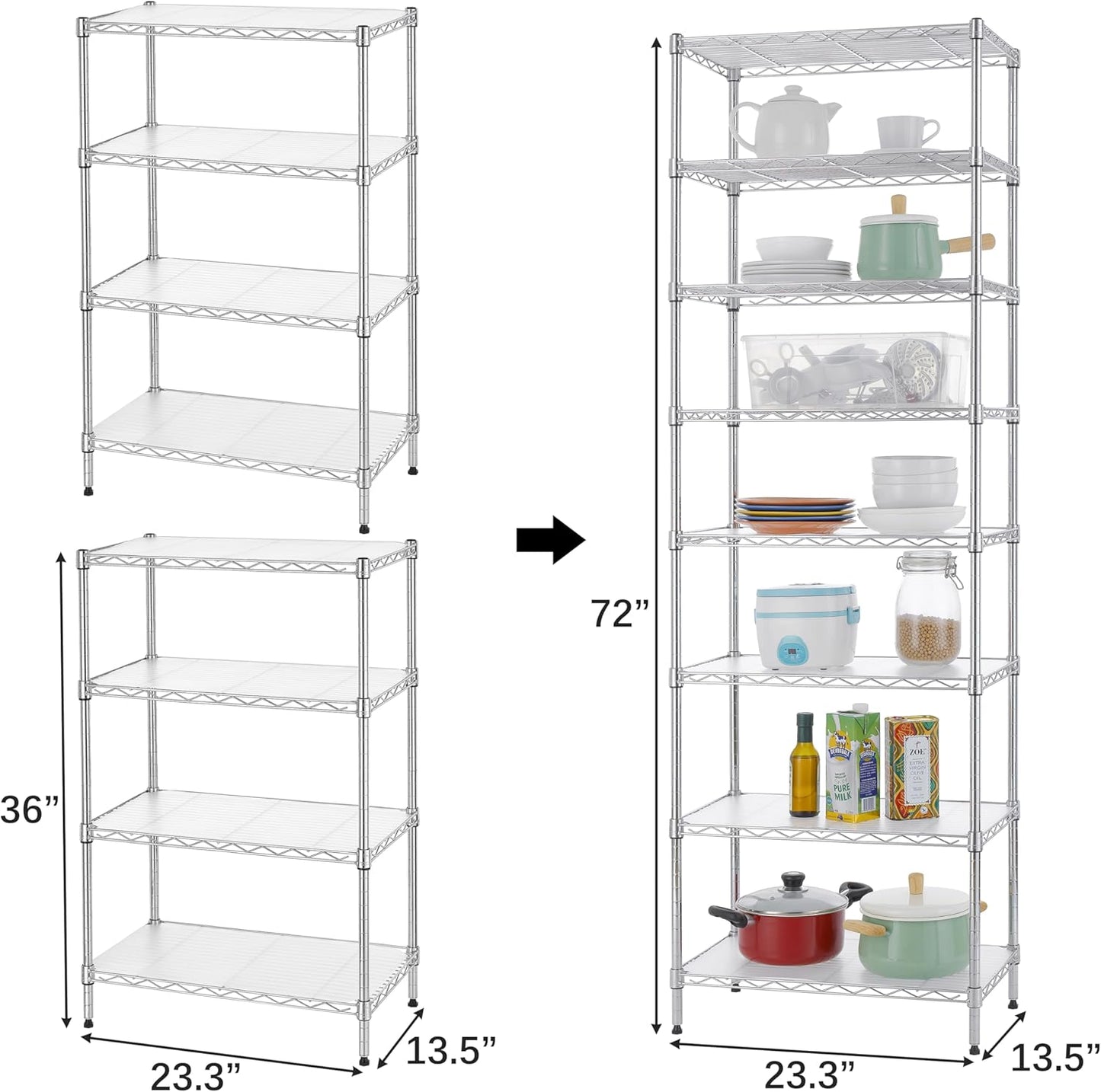 Finnhomy 8-Tier Wire Shelving Unit Adjustable Steel Wire Rack Shelving 8 Shelves Steel Storage Rack or Two 4-Tier Shelving Units with PE mat, Leveling Feet and Safety Device, NSF Certified, Chrome
