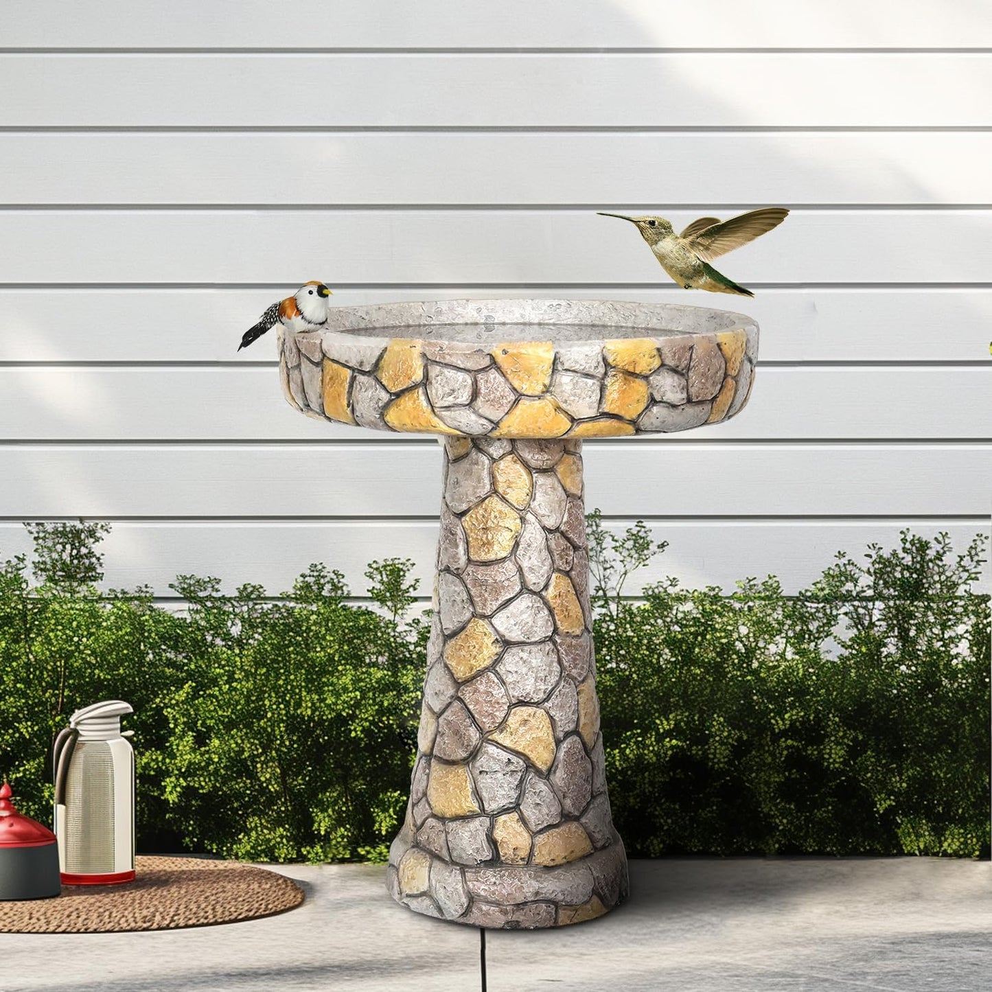 Outdoor Concrete Bird Bath - 24" H * 18.8" Φ Mosaic Stone Design BirdBath Perfect for Adding Interest to Garden, Patio, Backyard, Porch and Deck