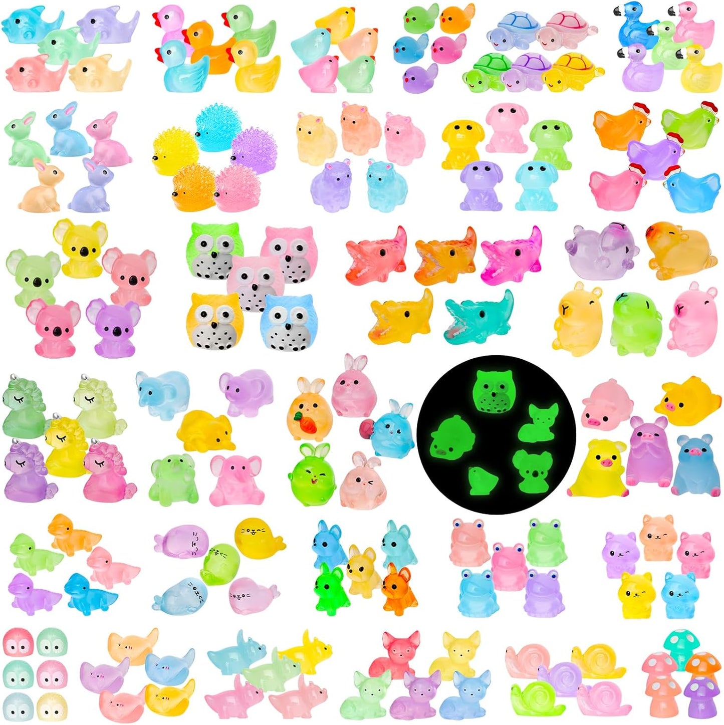 200pcs Luminous Mini Resin Animals 30 Types Miniature Resin Animal Figurines to Hide Bulk Glow in The Dark Tiny Ducks Frogs Small Cat Bunnies for Fairy Garden Micro Landscape Dollhouse Accessories