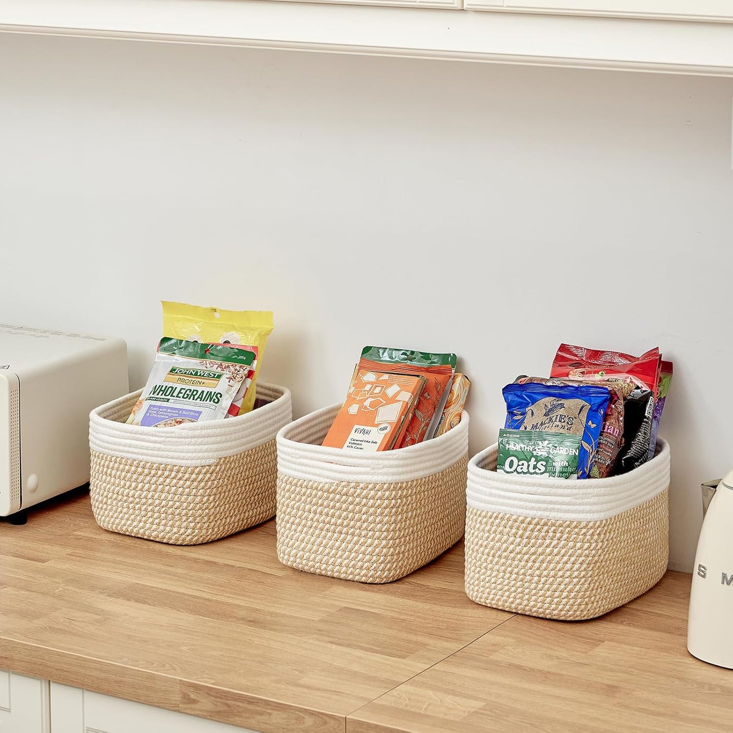 Small Cotton Rope Basket – Storage Bin for Organizing (10.6" x 6.7" x 6.7"), Bathroom Storage Basket for Shelf, Counter & Closet（White & Mixed Camel）