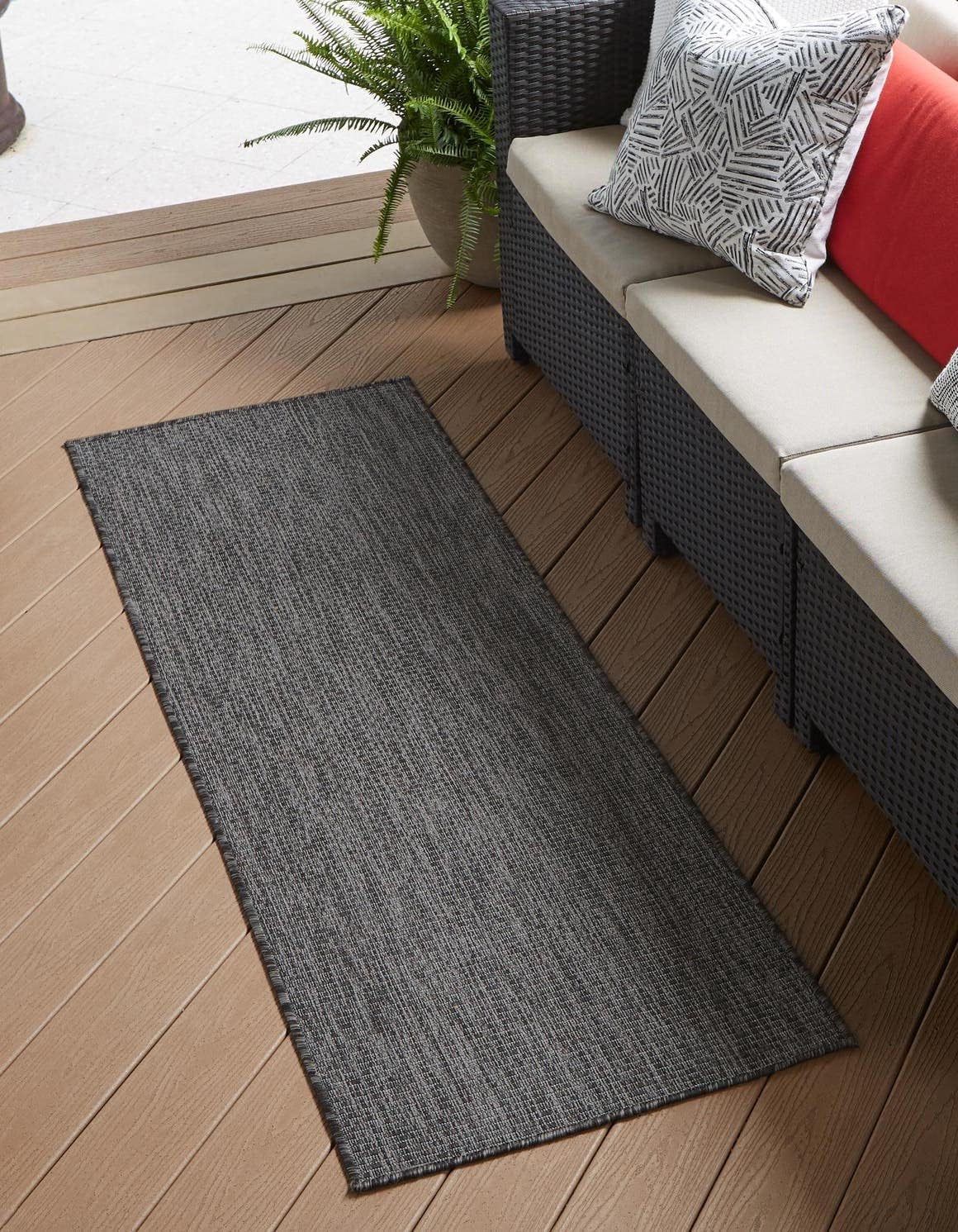 Unique Loom Collection Casual Transitional Solid Heathered Indoor/Outdoor Flatweave Area Rug (2' x 8' Runner, Black/Ivory)