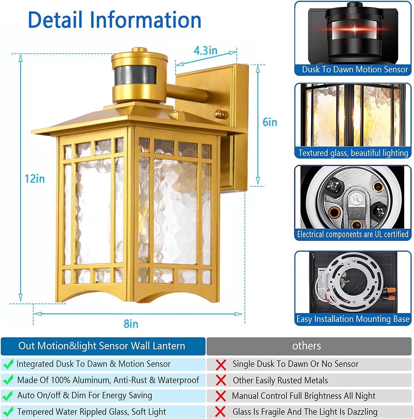 Dusk to Dawn Motion Sensor Light, Outdoor Light Fixture, Golden Wall Sconce Lighting, Front Porch Light, Exterior Lights for House Patio, Outside Door Lights, Wall Mount Anti-Rust Lantern