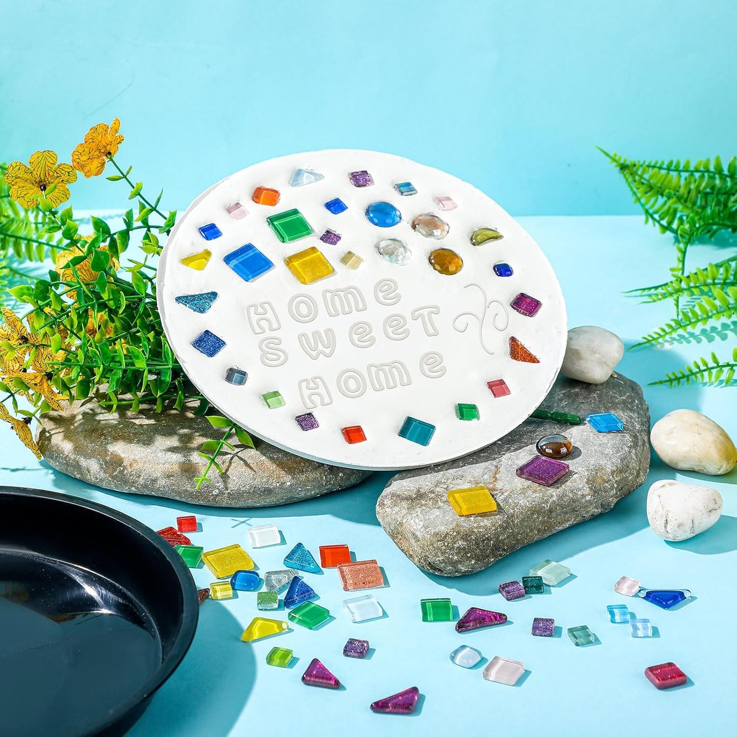 5 Pcs 3 Size Stepping Stone Kit for DIY Outdoor Garden Stepping Stone Includes Cement Molds Mosaic Tiles and Concrete Letter Stamps No Concrete Mix(Black)