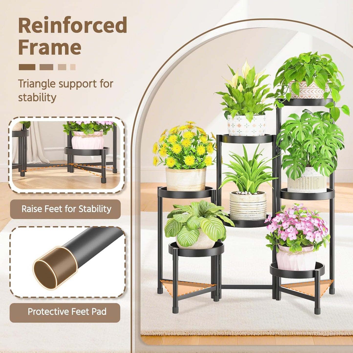 LASZOLA 7 Tiered Folding Plant Stand Indoor for Multiple Large Planter, Tall Heavy Duty Adjustable Rack with Rust Proof 10 Inch Wide Tray, Sturdy Vertical Tree Organizer for Narrow Inside Floor, Black