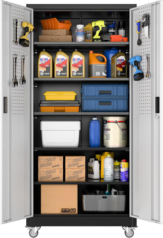 Aobabo 71" H×32" W×16" D Metal Storage Cabinet with Wheels, Garage Steel Storage Cabinet with 5 Adjustable Shelves and 4 Hooks for Home Office,Kitchen, Black Silver,Assembly Required