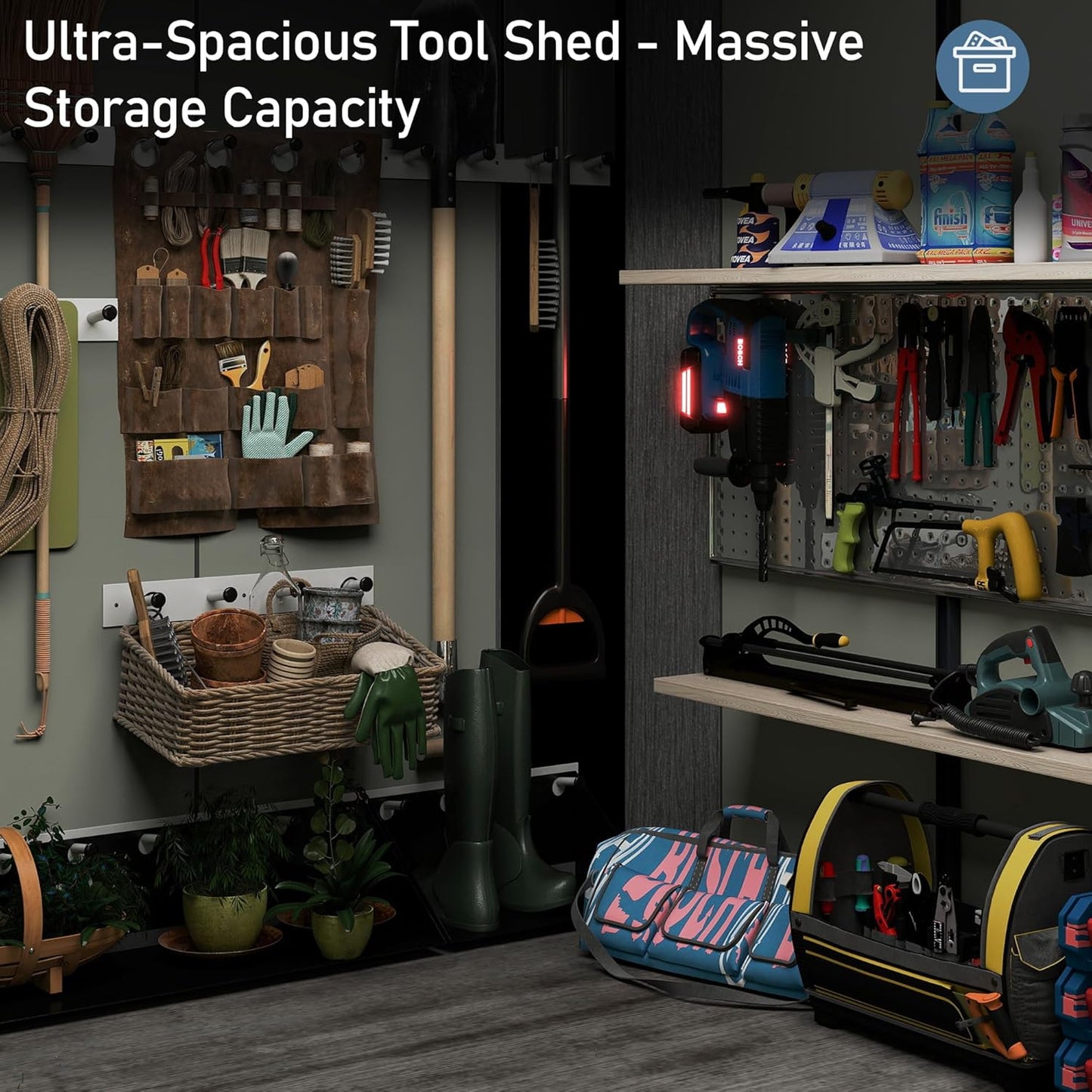 Domi 8x8 FT Outdoor Resin Storage Shed, All-Weather Double-Wall Storage Building for Backyard, Garden, Lawn Tools, Mower, Bike & Pool Equipment, Lockable Doors, Ventilated Roof, Grey