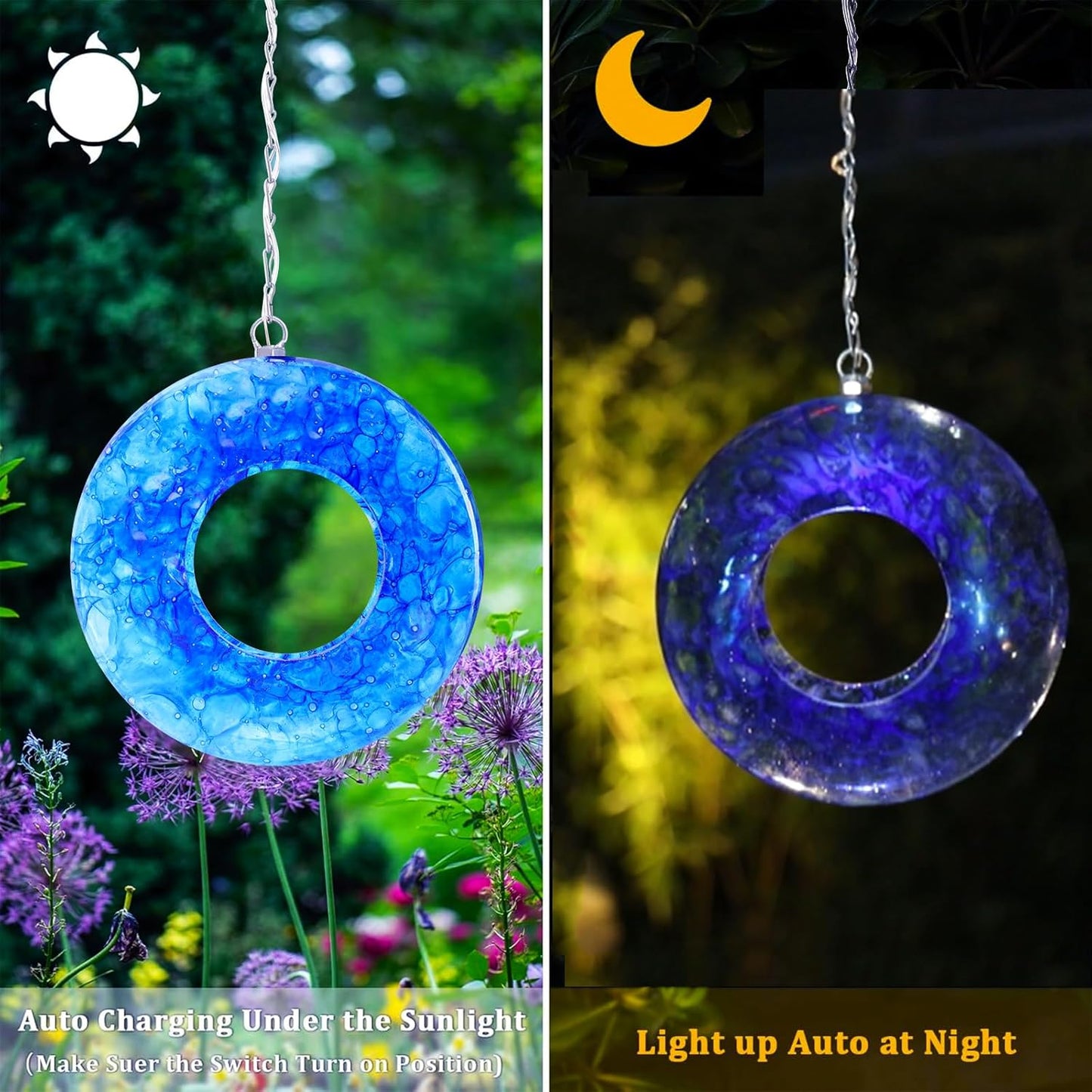 Yinns Mosaic Bird Feeders for Outside Hanging Fly Through Bird Feeder with Round Shape Solar Birdfeeder for Yard Garden Decor Bird Lvoers Gifts, 8-Inch Bule