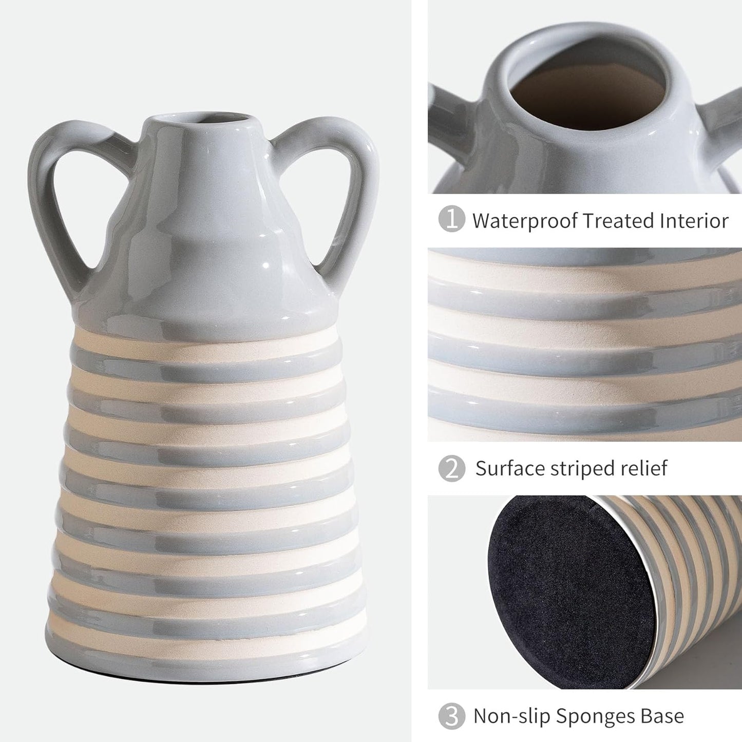 Ceramic Grey and White Checkered Stripes Vase with Handles, Hand-Painted Modern Bohemian Floral Vases Home Decor, Cottage Core Decor, Flower Vases for Bouquet Tabletop Bedroom Office Bookshelf 8.9 in