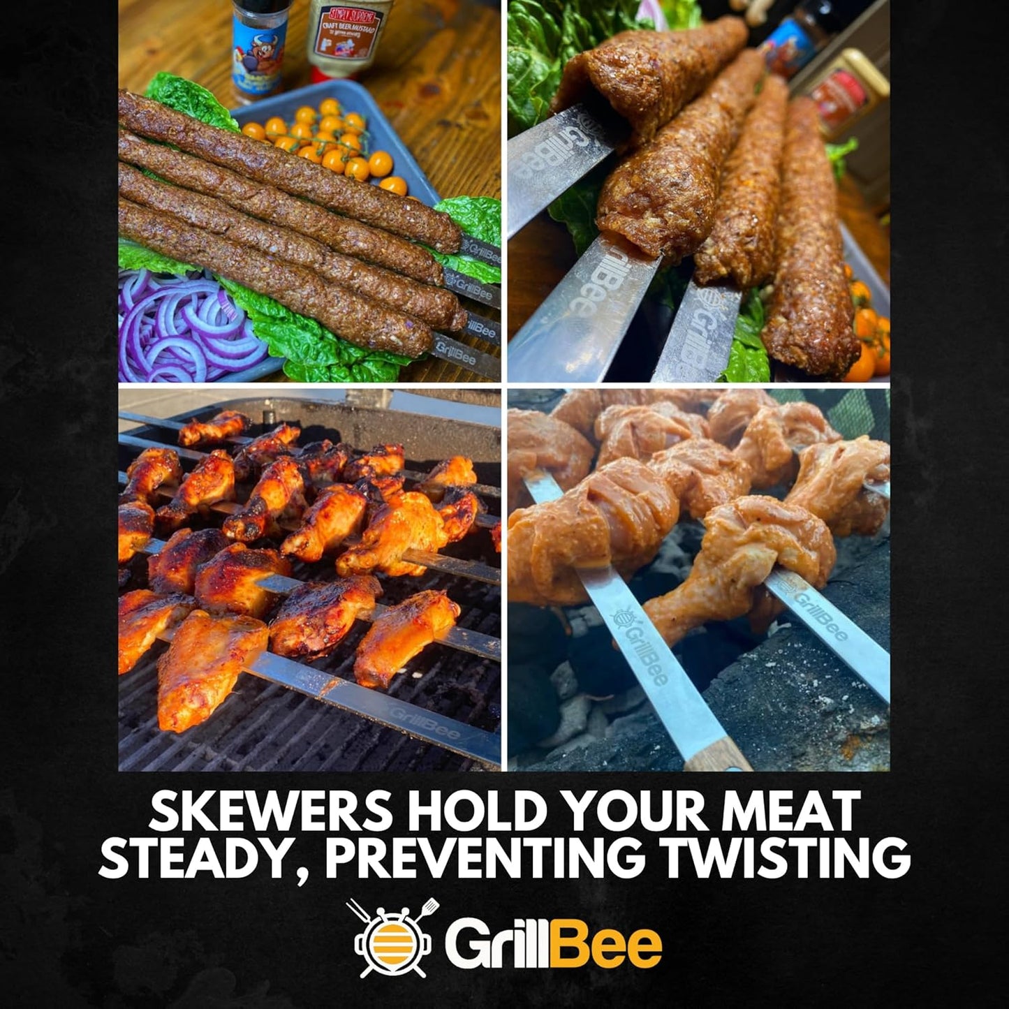 Premium Kabob Skewers 23 inch Long and 5/8 inch Wide Stainless Steel Flat Reusable Metal Skewers for Grilling BBQ - Chicken Kebab, 8pc Set with Bag