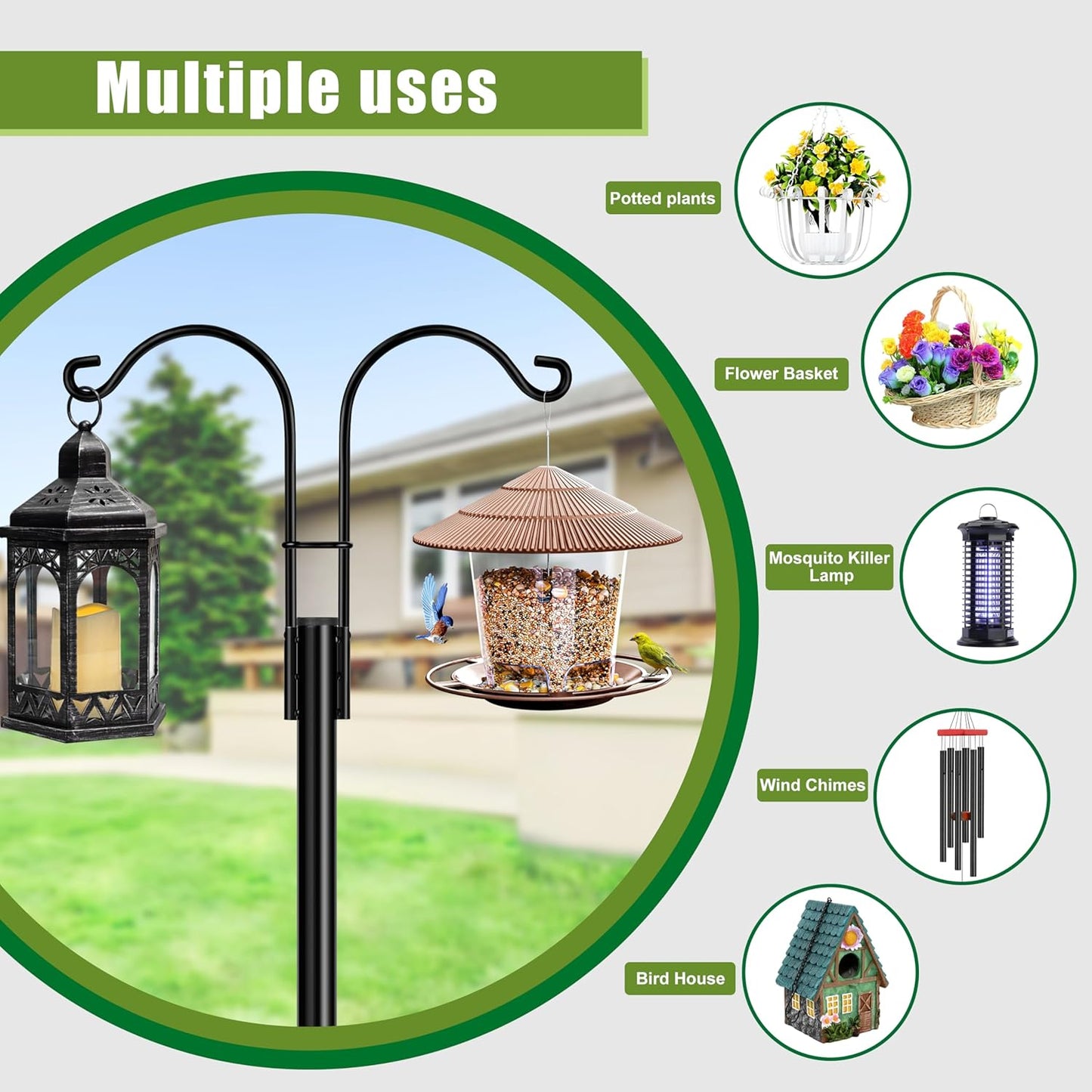 XDW-GIFTS Double Shepherds Hooks for Outdoor, 2-Pack Heavy Duty Garden Pole for Hanging Bird Feeder, Plant Baskets, Solar Light Lanterns, Garden Plant Hanger Stands with 5 Base Prongs