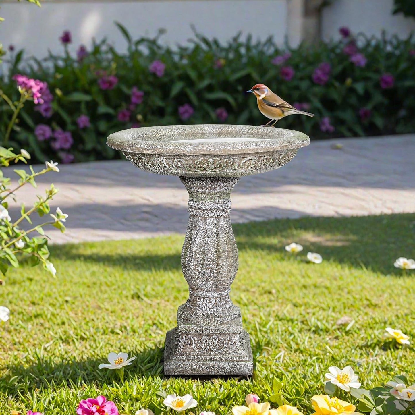 SunJet 23.8” H x 20” Dia Outdoor Birdbath with Exquisite Carvings Pedestal - Fibre Reinforced Concrete Birdbaths, Neoclassical Style Design for Garden Decor & Bird Attraction
