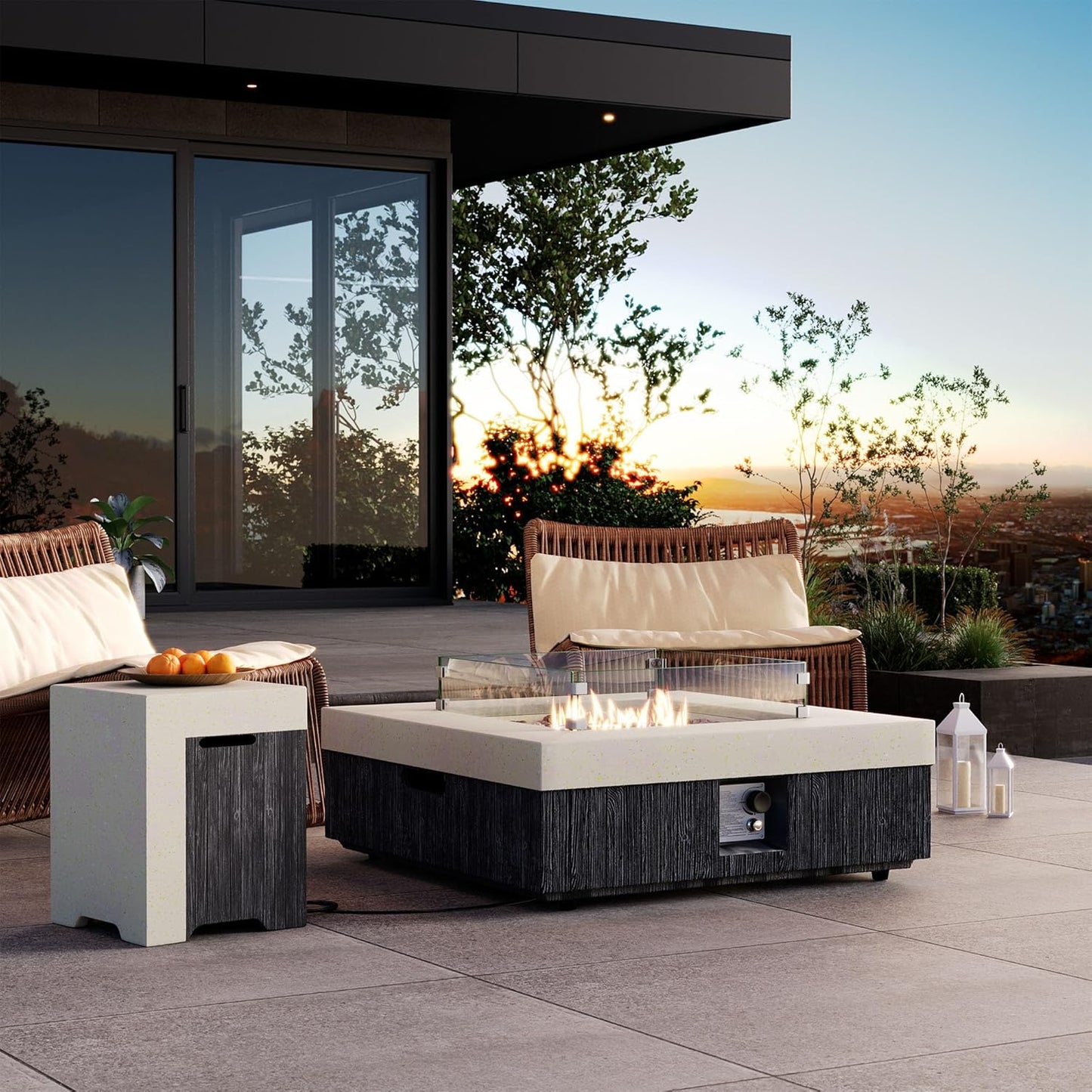 COSIEST 35" Outdoor Propane Fire Pit Table w Tank Cover & Wind Guard, Square Gas Fire Pit Table with Concrete & Wood Grain Design, 50000BTU CSA Certified Fire Tables for Patio, Backyard, Garden