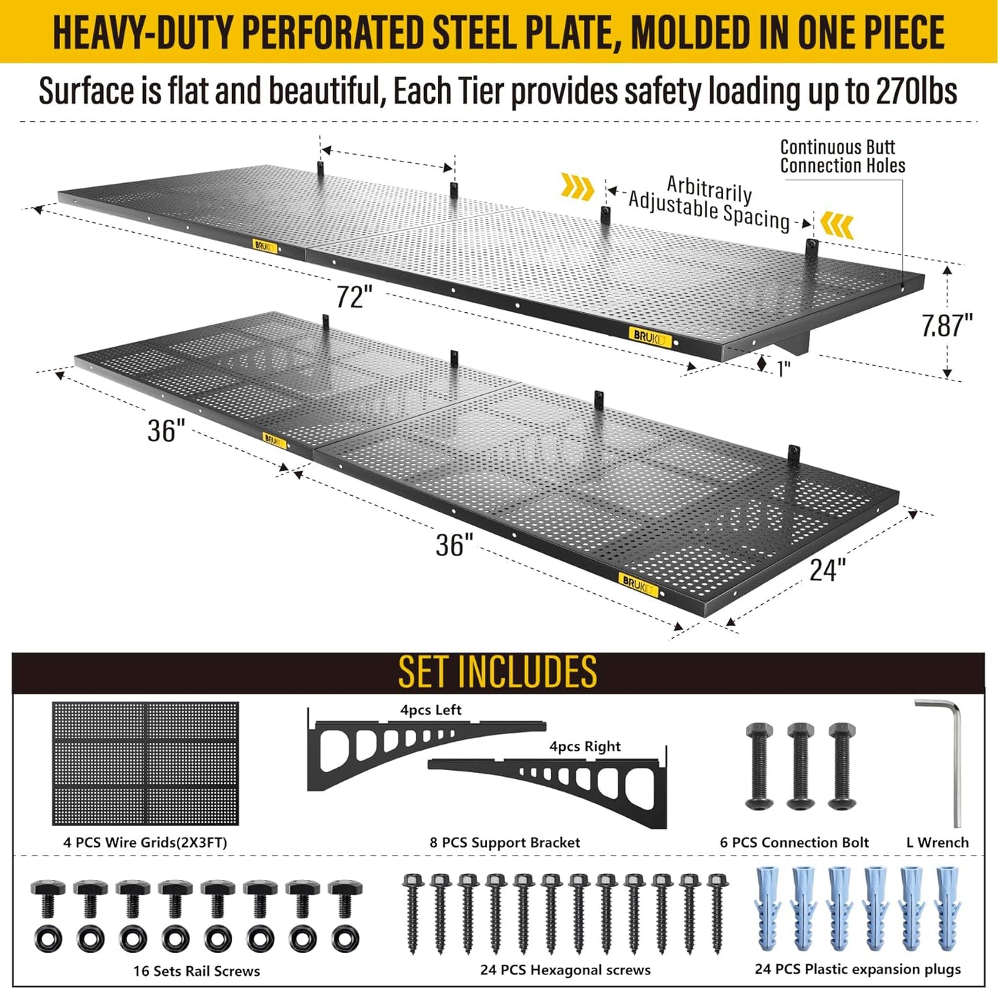 4Pack 2x3ft Adjustable Metal Garage Wall Shelving Heavy Duty Garage Storage Shelf Wall Mounted Black